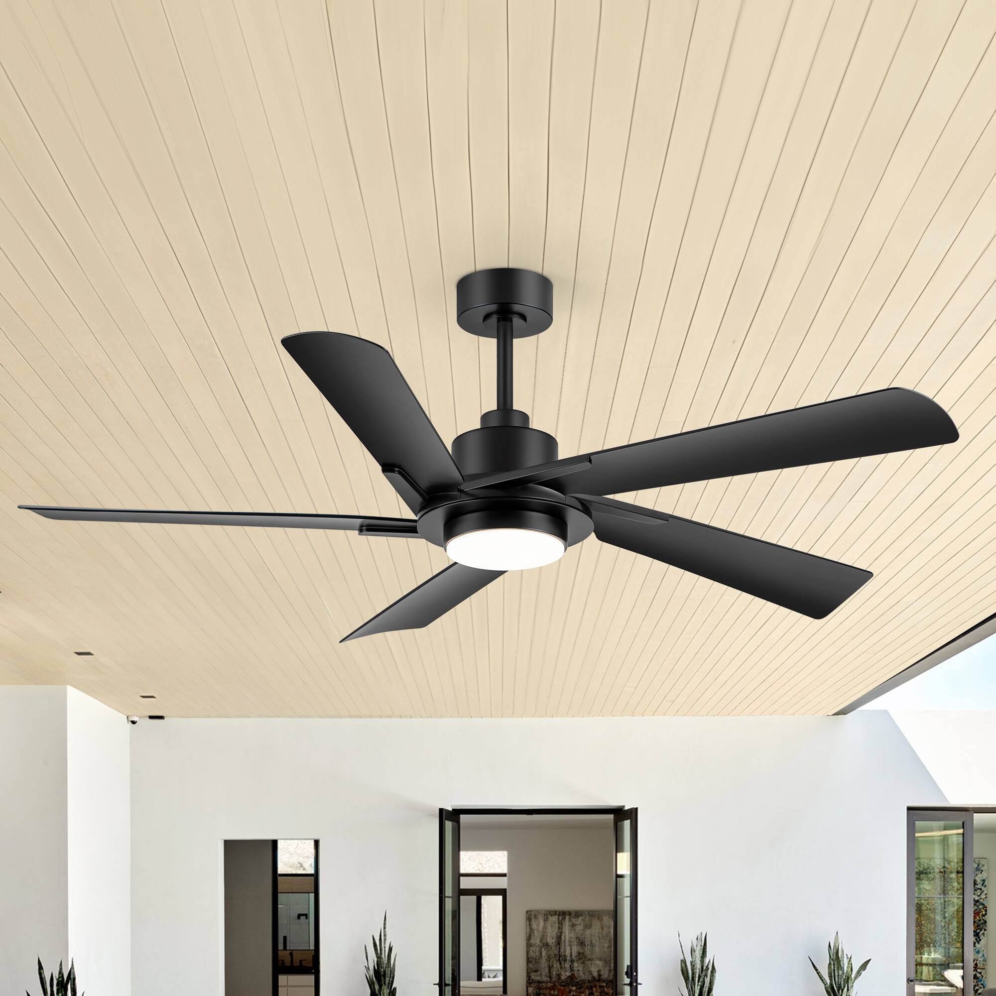 Back. Breezary - 60-Inch Indoor Ceiling Fan with 5 ABS Blades, 3-Color Light, 6-Speed DC Motor, Remote, Timer & Memory, 6"/12" Downrods - Matte Black.