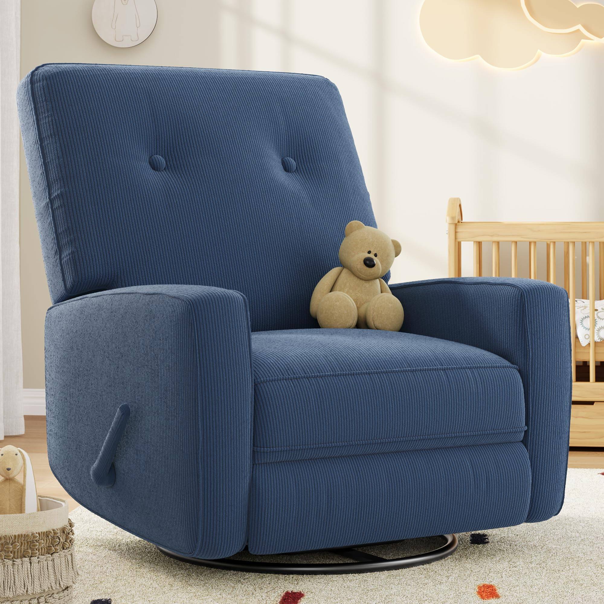 Alt View 2. Jojoka - 360° Swivel Rocker Recliner, Corduroy Mamual Recliner Chair for Nursery, Living Room, Bedroom & Small Spaces - Dark Blue.