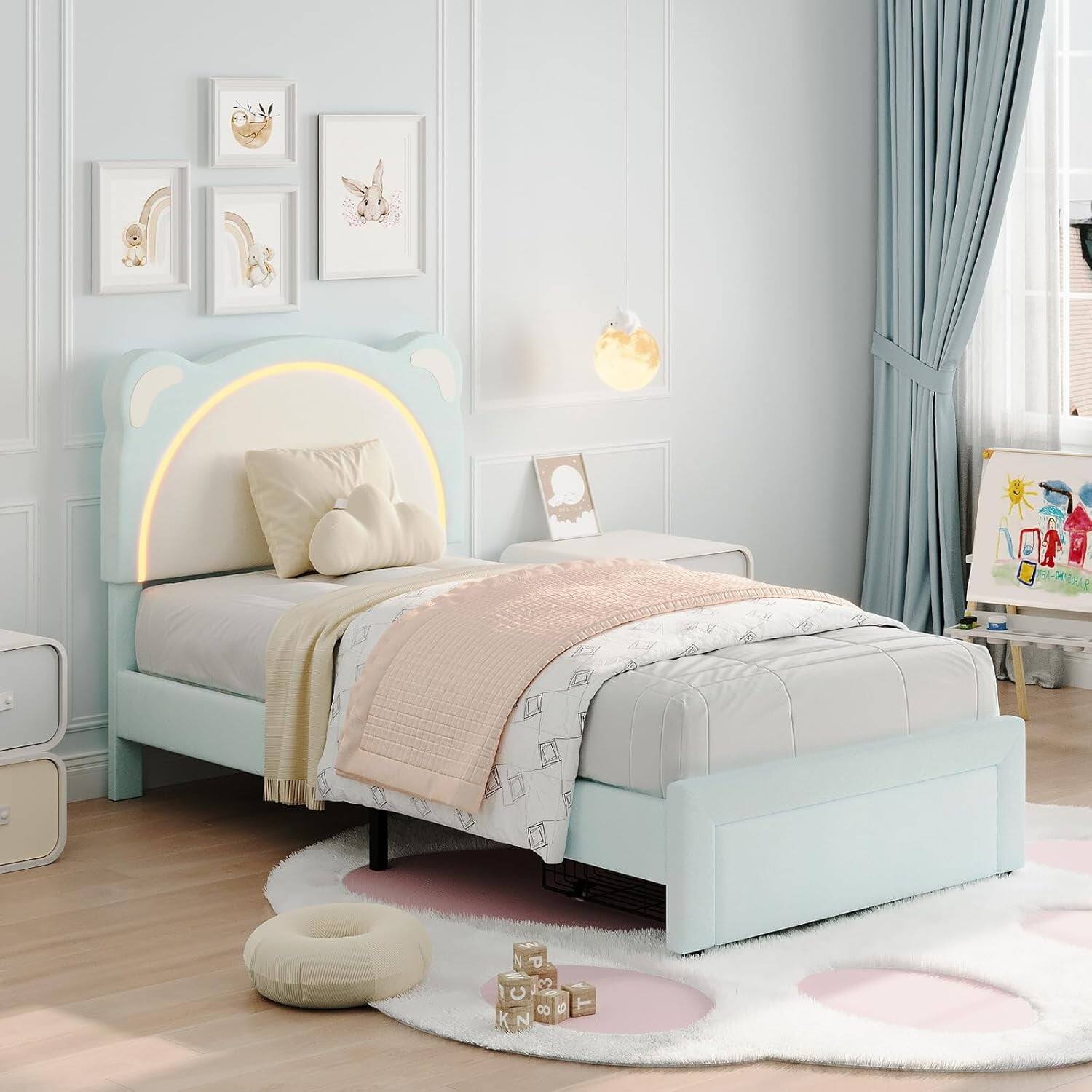 Alt View 4. GARVEE - Twin-XL Upholstered Bed with LED Headboard & Storage Drawer, Blue – Modern LED Lighting & Convenient Storage - Blue with Drawer.