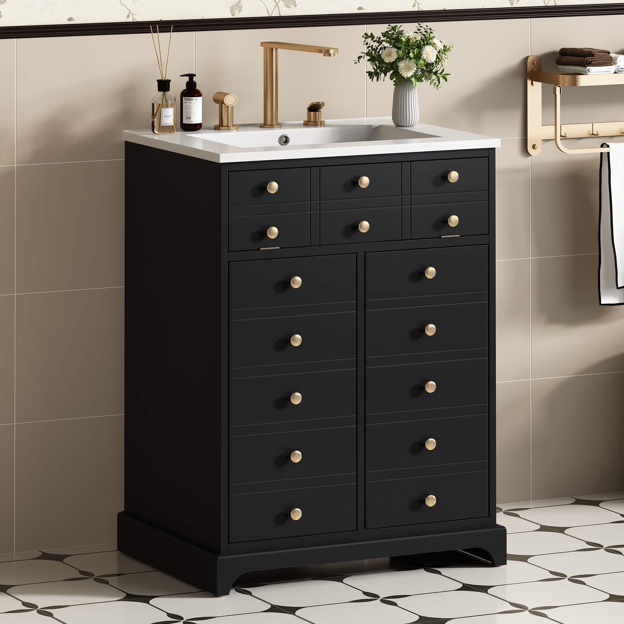 Tiramisubest - 24" Bathroom Vanity with a Drawer, Bathroom Storage Cabinet with Ceramic Sink - Black