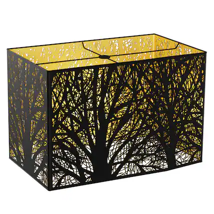 Front. Alucset - Metal Rectangular Lamp Shade Replacement for Table Floor Lamp - Etched Forest Pattern - Black Exterior and Gold Interior - Black & Gold.