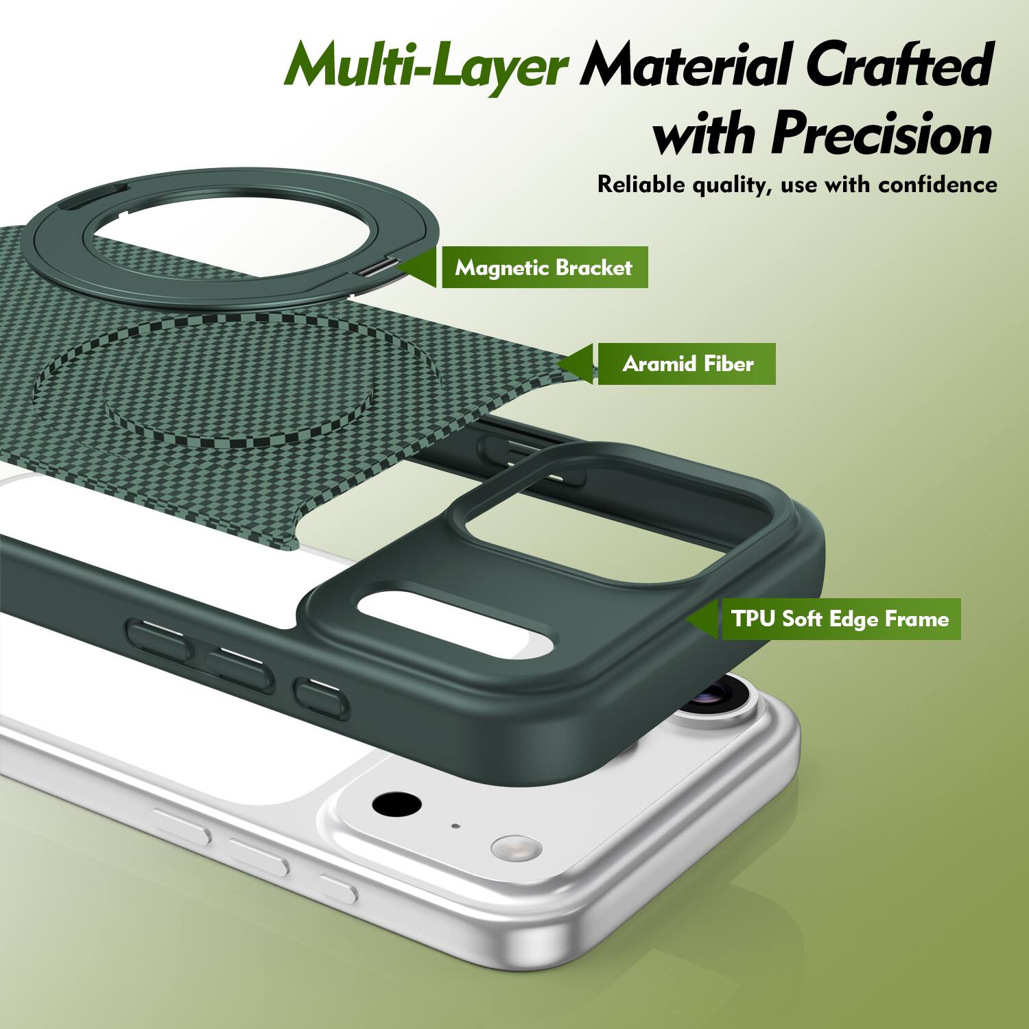 Multi-Layer Material Crafted with Precision  
Reliable quality, use with confidence  
Magnetic Bracket  
Aramid Fiber  
TPU Soft Edge Frame