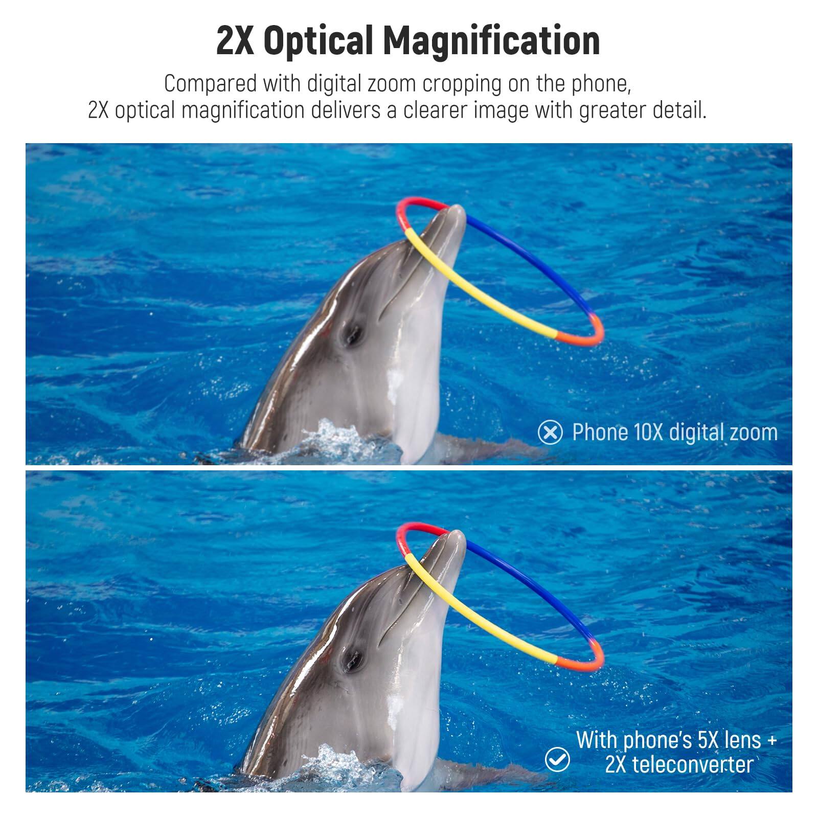 2X Optical Magnification

Compared with digital zoom cropping on the phone, 2X optical magnification delivers a clearer image with greater detail.

Phone 10X digital zoom

With phone's 5X lens + 2X teleconverter