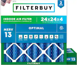 Filterbuy - 24x24x4 MERV 13 Smoke & Allergy Defense, Electrostatic Pleated HVAC AC Furnace Air Filters Replacement (2-Pack) - Blue