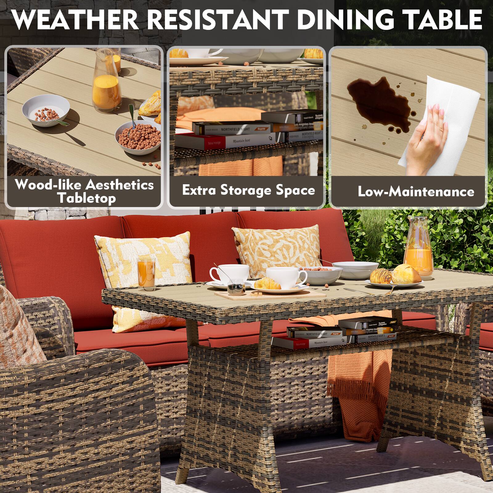 WEATHER RESISTANT DINING TABLE

- Wood-like Aesthetics Tabletop
- Extra Storage Space
- Low-Maintenance