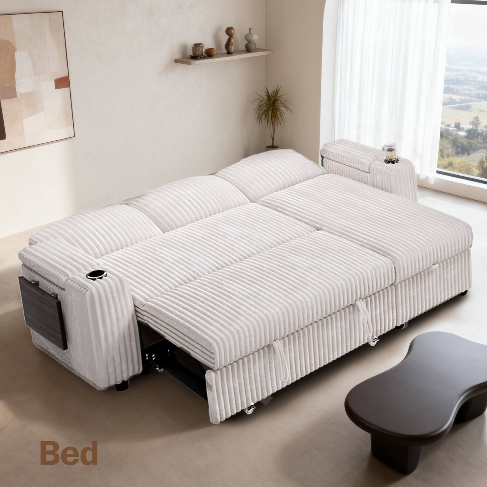 Angle. Vipbear - Vipbear 85" Modular Sectional Sleeper Sofa with Pull Out Bed, 3 Seat L Shaped with Reclining Backrest,Corduroy Beige - Beige.