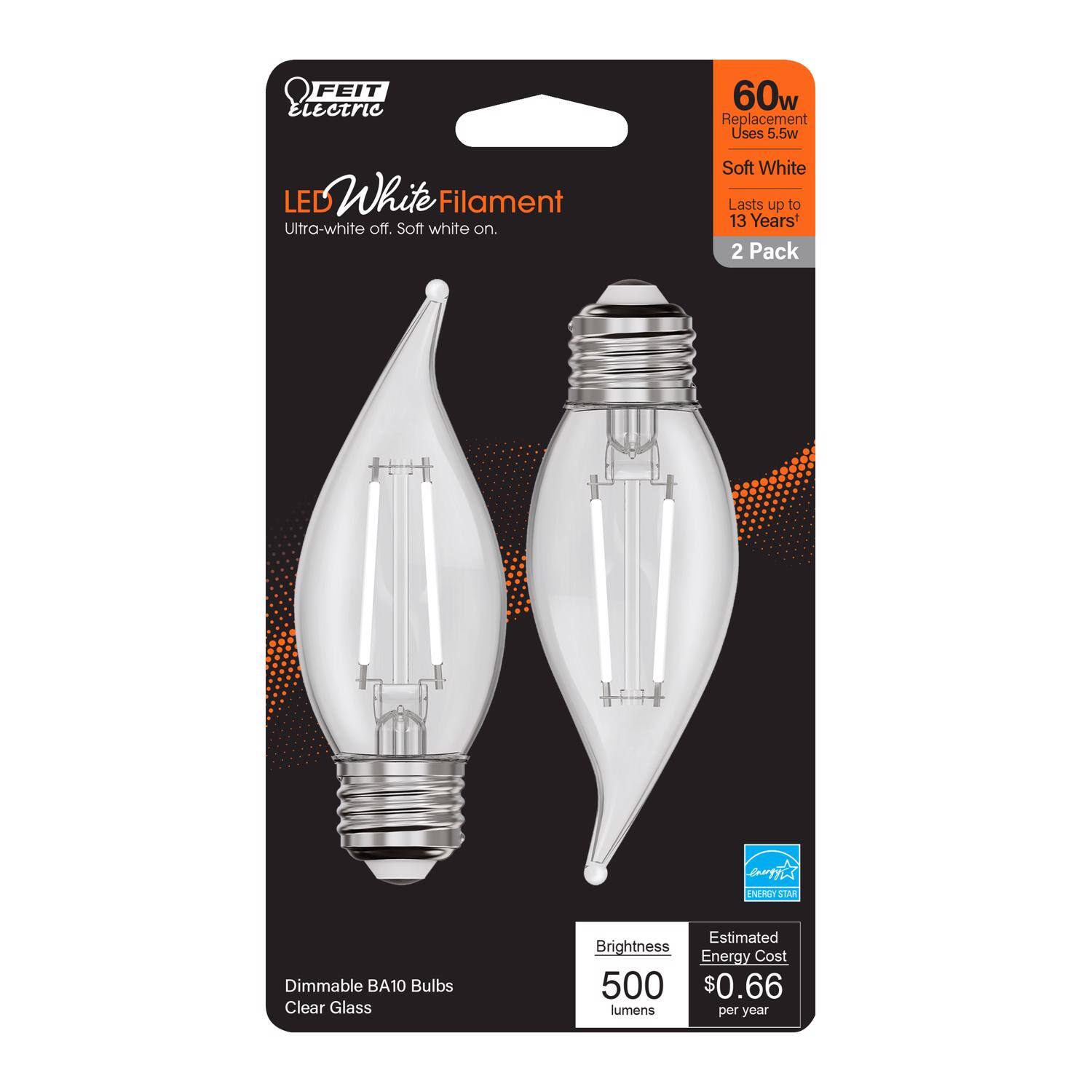 FEIT ELECTRIC - Feit White BA10 E26 (Medium) Filament LED Bulb Soft White 60 Watt Equivalence 2 pk price history on PriceWatchPro