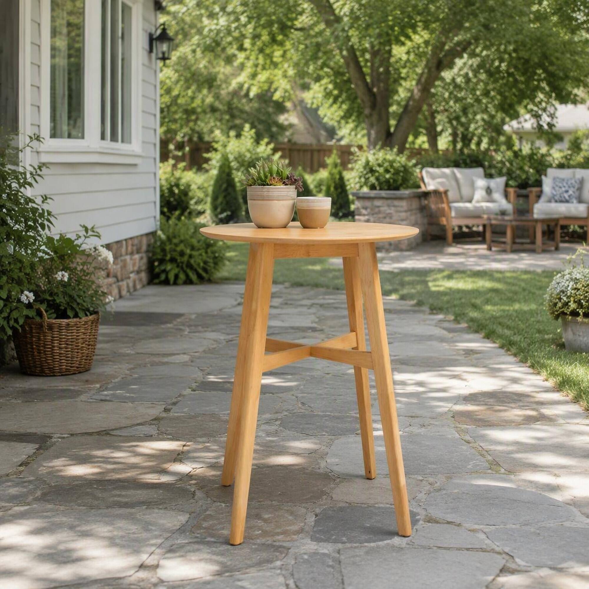Angle. RYHNUYNE - Round Wood Side Table, 4-Leg Natural Wooden End Table, Small Accent Coffee Table for Balcony - Oak.