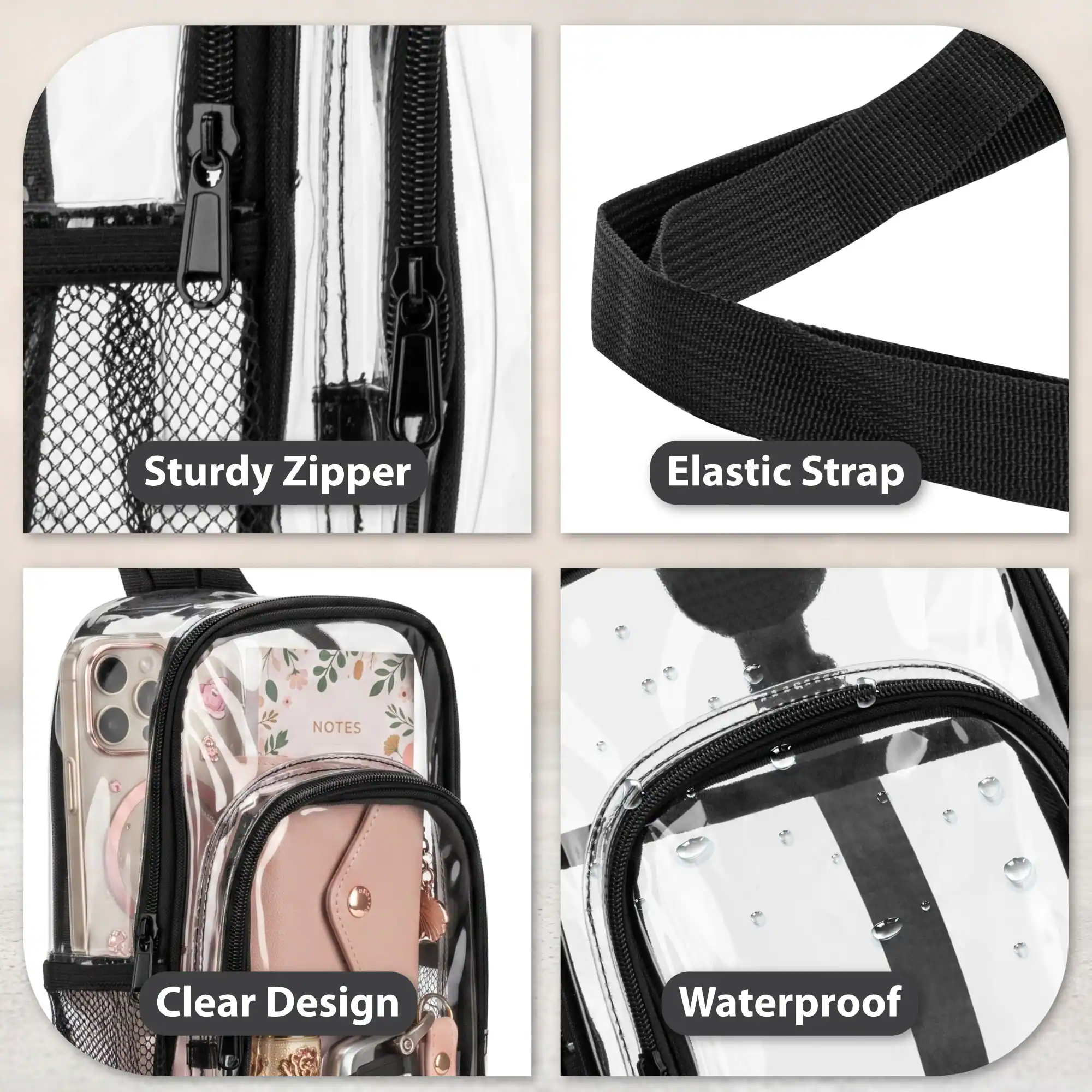 Sturdy Zipper  
Elastic Strap  
Clear Design  
Waterproof