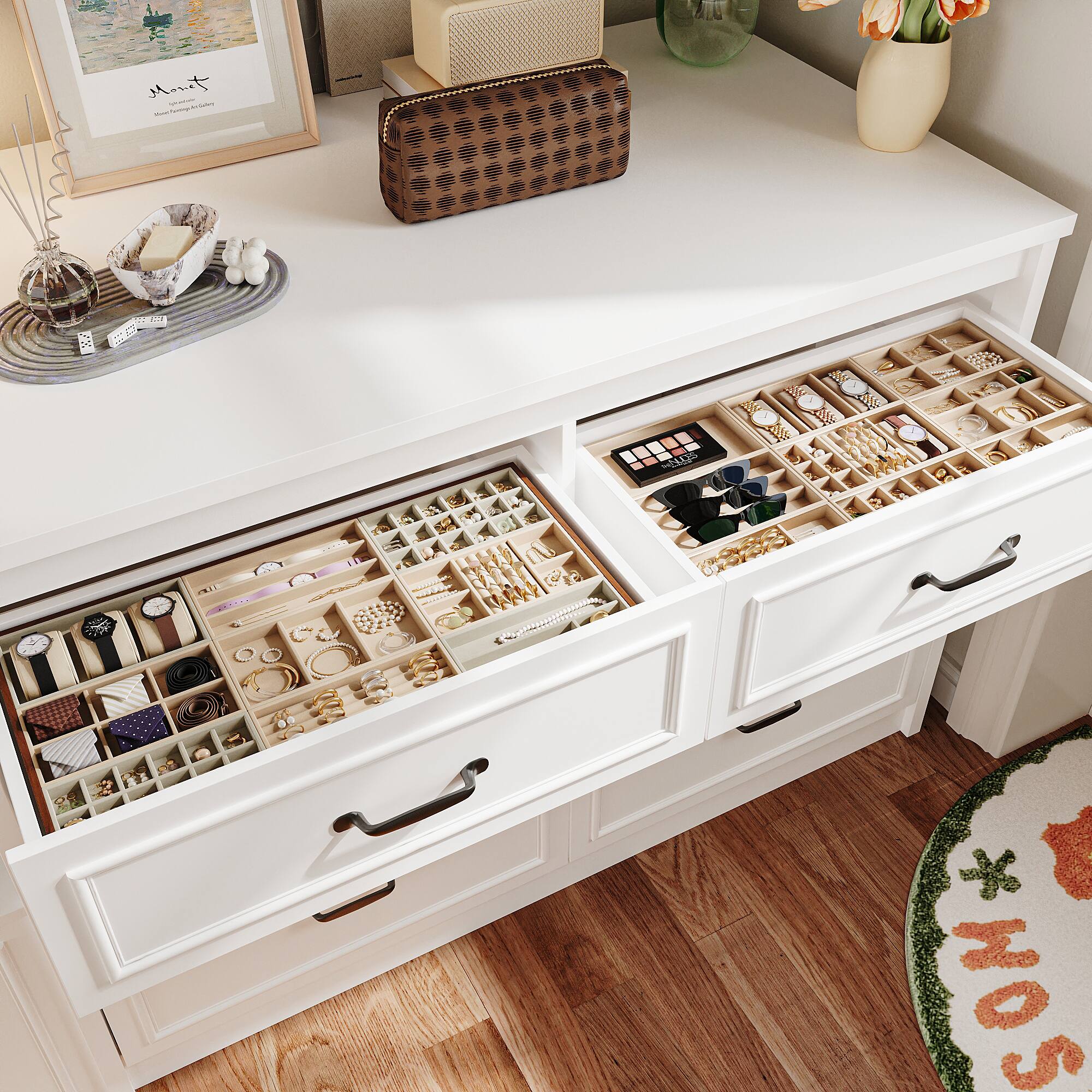 The image shows a white dresser with various items on it. There are two drawers, one of which is open, revealing a variety of items inside. The dresser also has a vase and a handbag placed on top of it. Additionally, there are several clocks scattered around the dresser, with some on the left side, one in the middle, and another on the right side. The overall scene gives the impression of a well-organized and functional space.