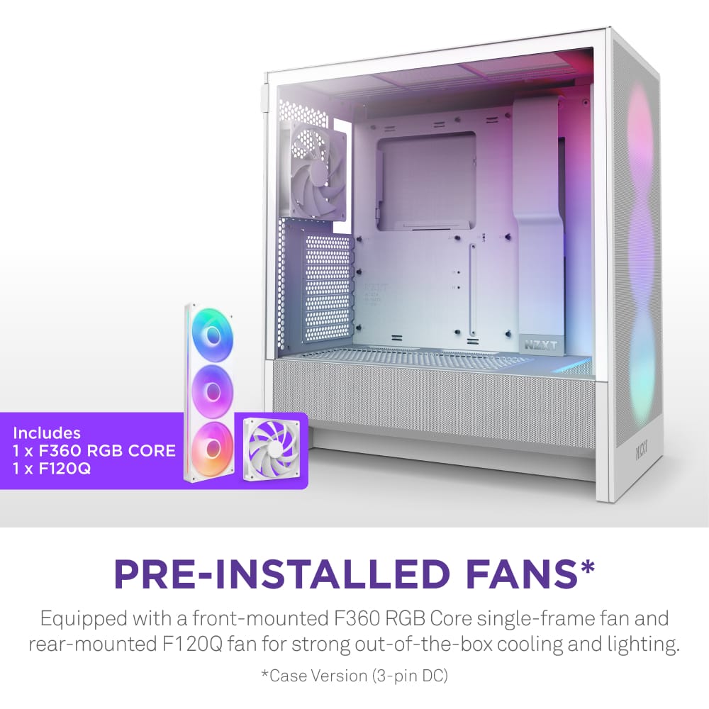 The text on the image reads: "KAIT NZXT Includes 1 x F360 RGB CORE 1 x F120Q KOT PRE-INSTALLED FANS* Equipped with a front-mounted F360 RGB Core single-frame fan and rear-mounted F120Q fan for strong out-of-the-box cooling and lighting. *Case Version (3-pin DC)".