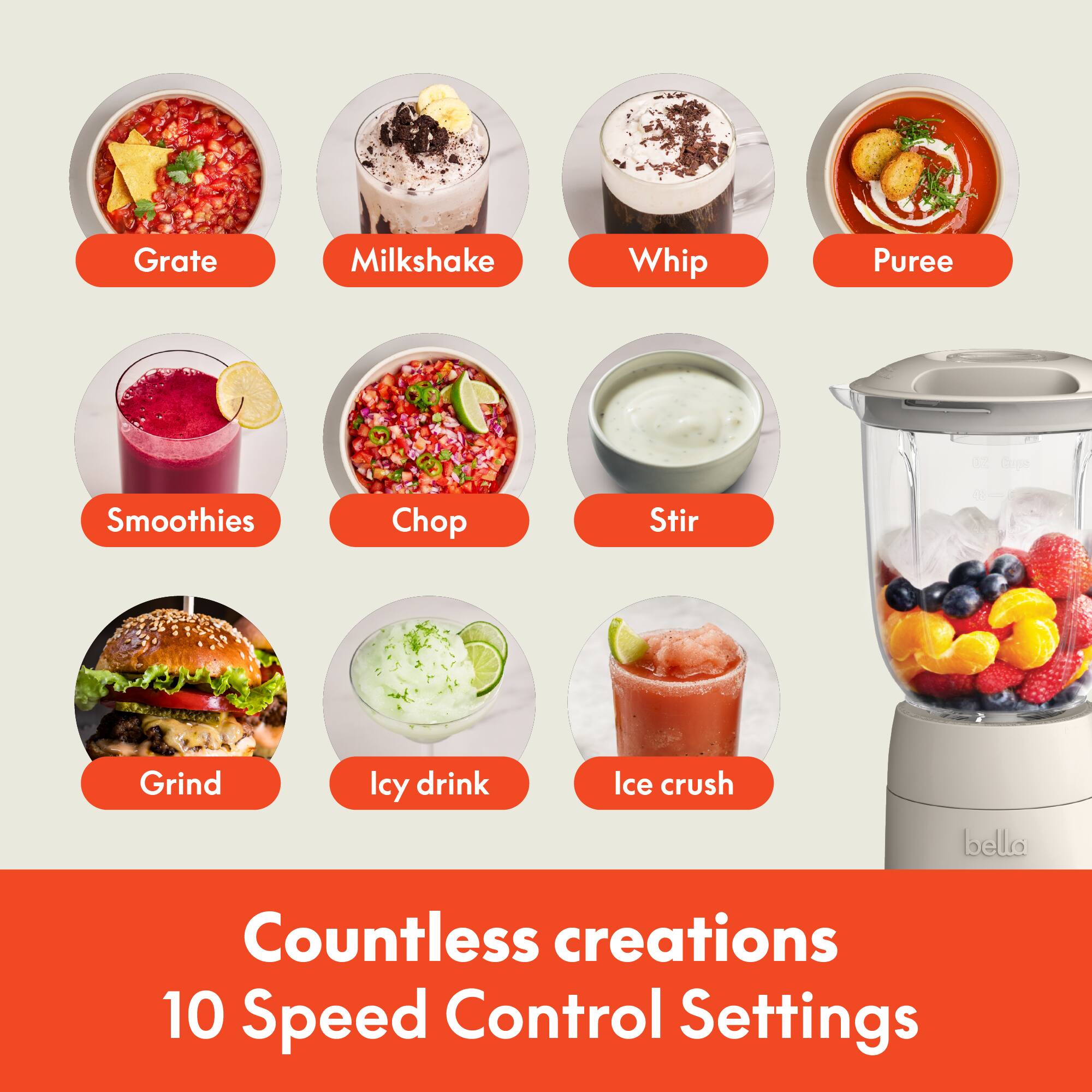 Grate  
Milkshake  
Whip  
Puree  
Smoothies  
Chop  
Stir  
Grind  
Icy drink  
Ice crush  

Countless creations  
10 Speed Control Settings