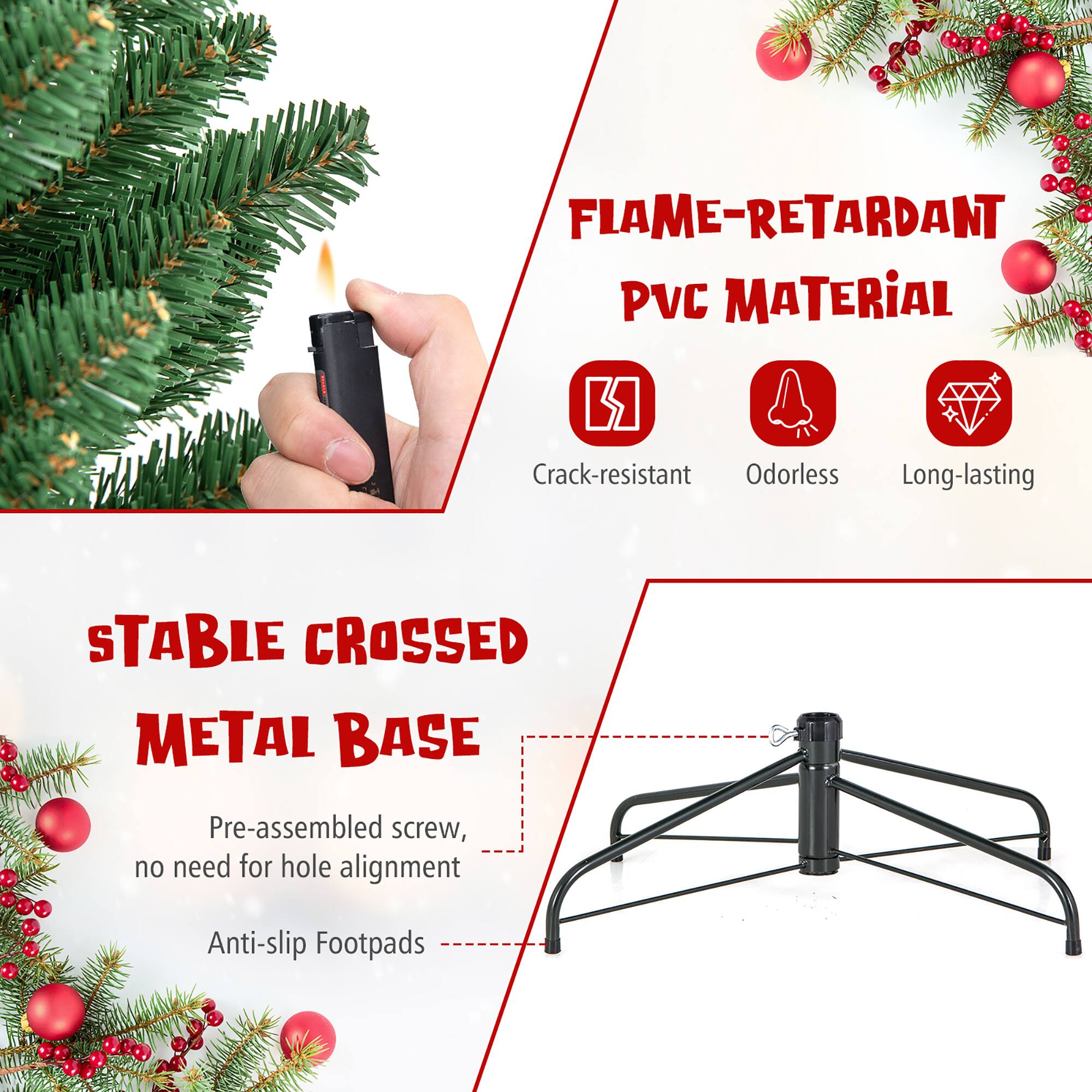 FLAME-RETARDANT PVC MATERIAL  
- Crack-resistant  
- Odorless  
- Long-lasting  

STABLE CROSSED METAL BASE  
- Pre-assembled screw, no need for hole alignment  
- Anti-slip Footpads
