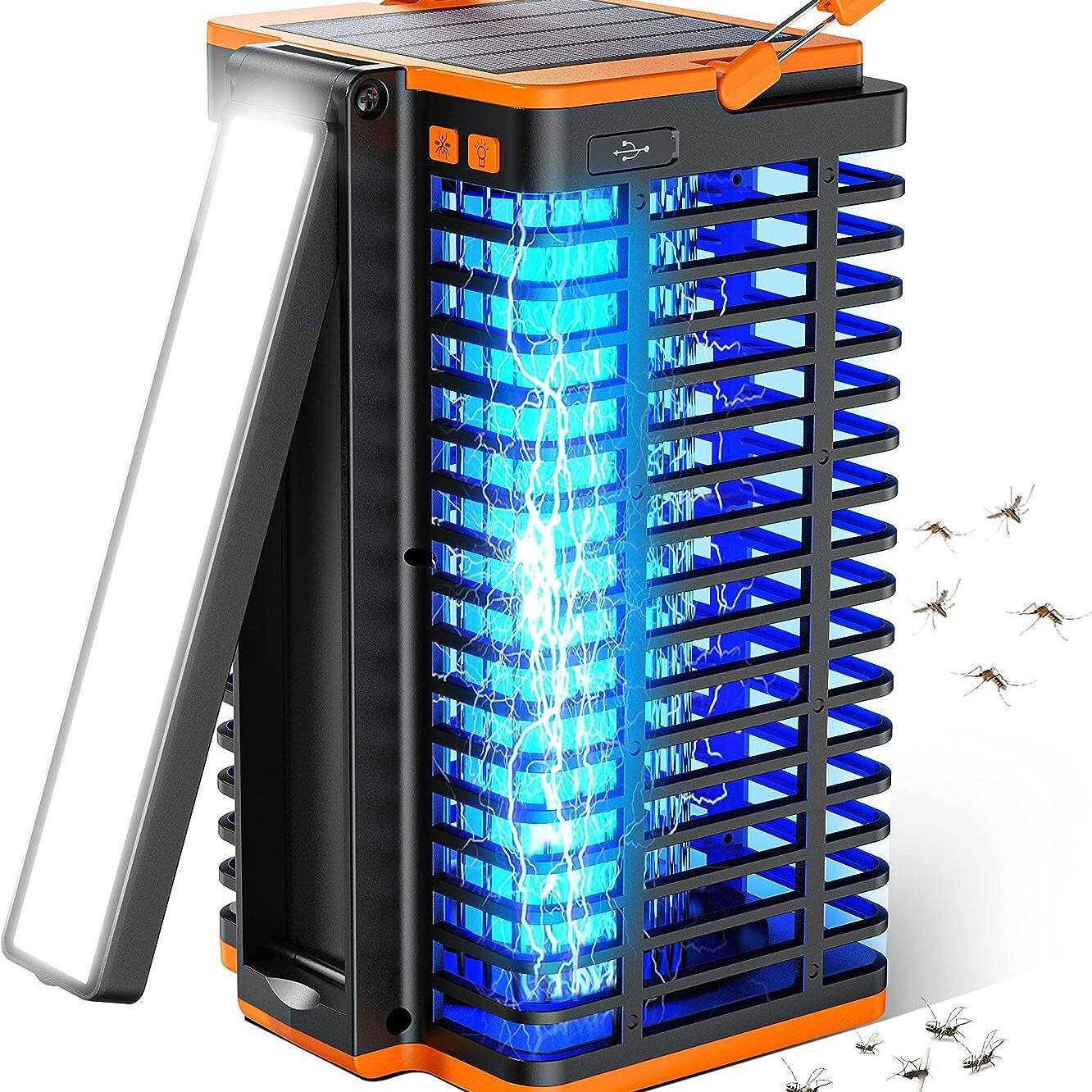 Front. Cluzine - Solar-Powered 4200V Bug Zapper, 2-in-1 UV Light & LED Lamp, IP66 Waterproof for Outdoor - Multicolor.