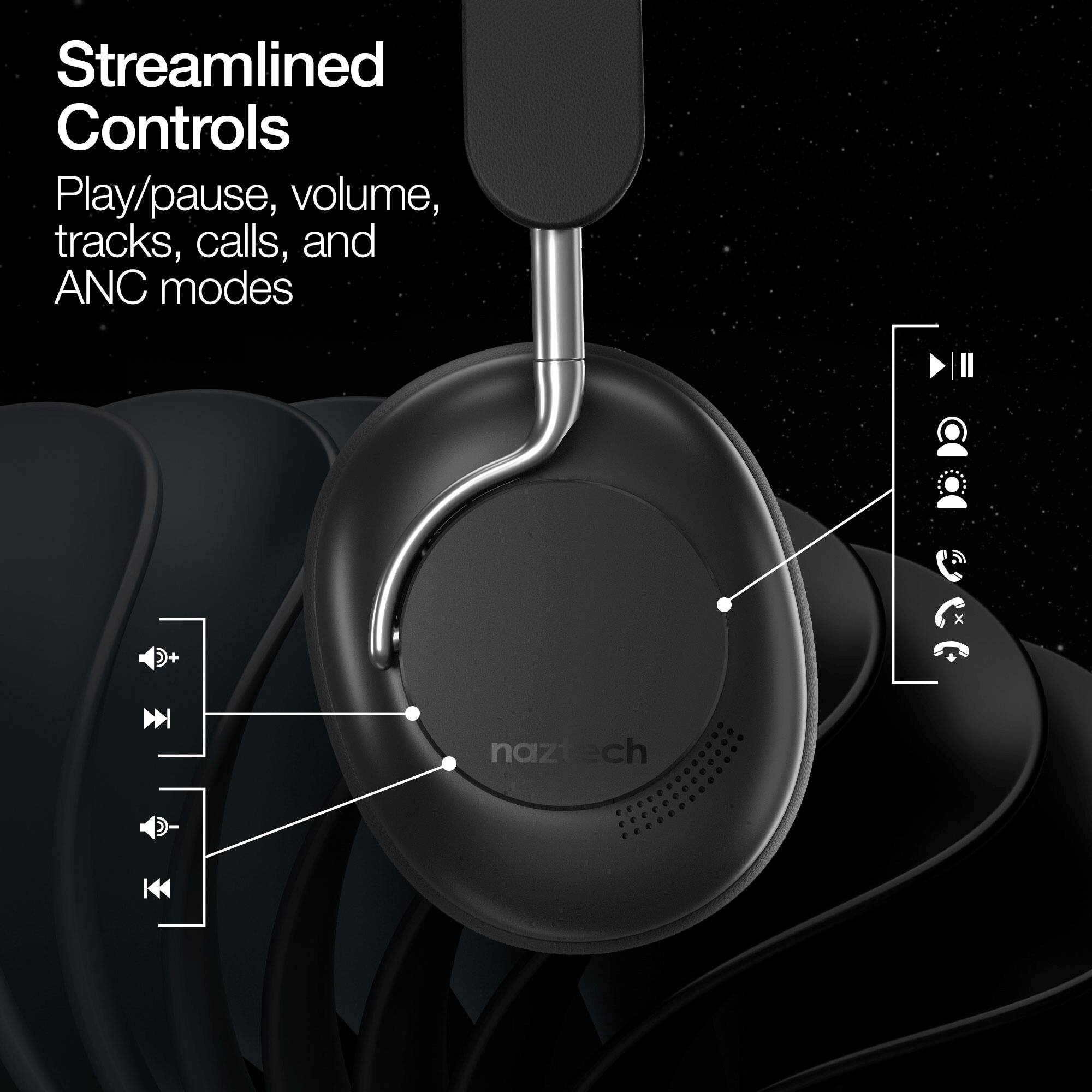 Streamlined Controls  
Play/pause, volume, tracks, calls, and ANC modes