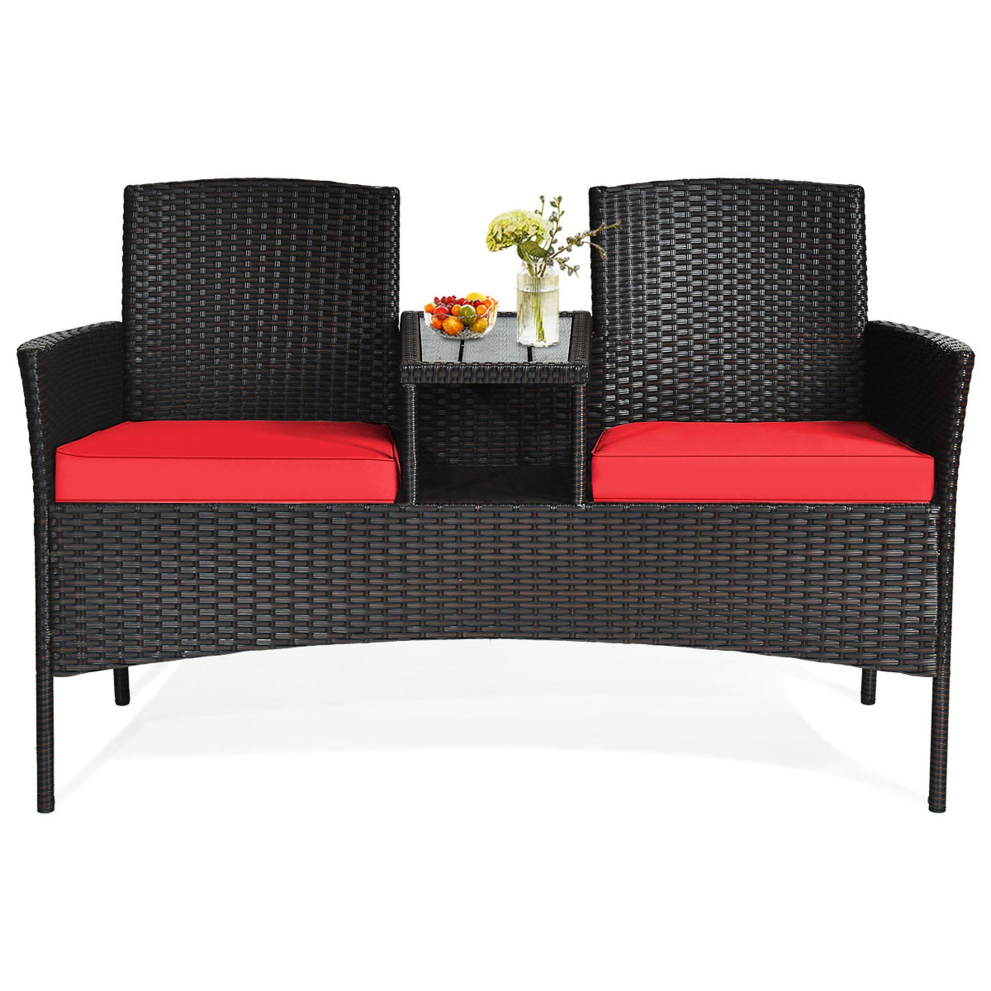 Alt View 5. Gymax - Gymax Patented Rattan Wicker Patio Conversation Set w/ Loveseat Table Red Cushion - Red.