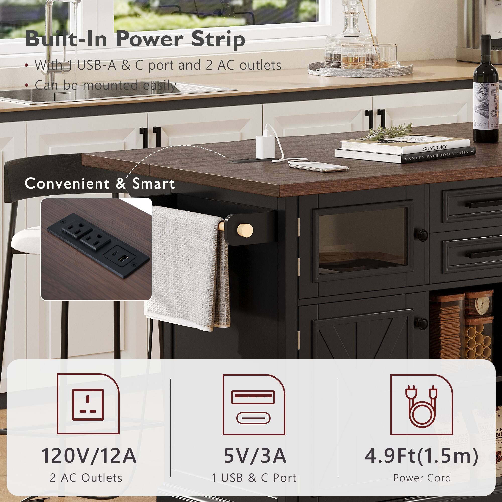 Built-In Power Strip  
- With 1 USB-A & C port and 2 AC outlets  
- Can be mounted easily  

Convenient & Smart  

120V/12A  
2 AC Outlets  

5V/3A  
1 USB & C Port  

4.9Ft(1.5m) Power Cord