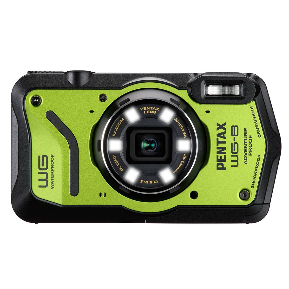 WG  
WATERPROOF  
5x ZOOM 20MP 4K  
PENTAX LENS f3.5-f5.5  
20m/65.6ft 28-140mm  
PENTAX  
8-9m  
ADVENTURE PROOF CRUSHPROOF SHOCKPROOF