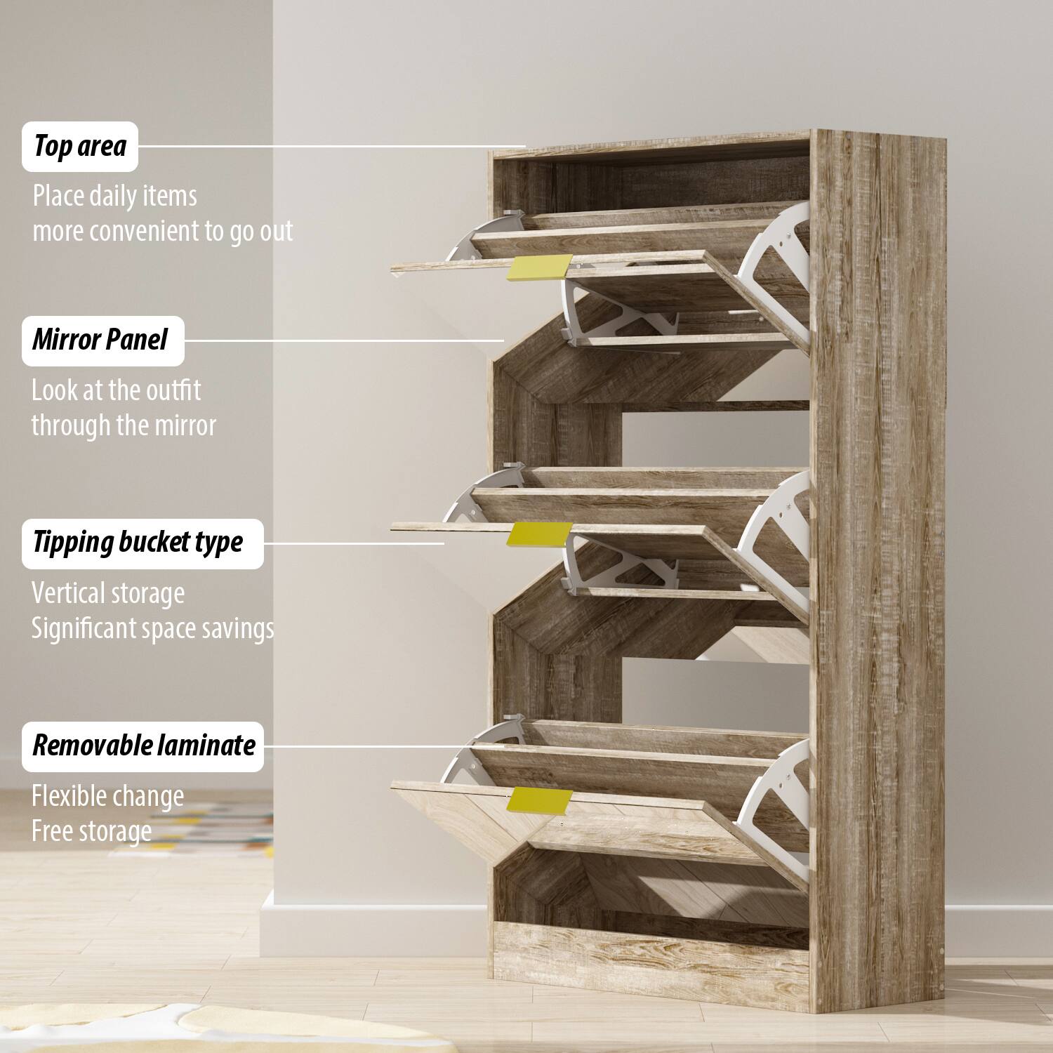Top area: Place daily items more convenient to go out

Mirror Panel: Look at the outfit through the mirror

Tipping bucket type: Vertical storage Significant space savings

Removable laminate: Flexible change Free storage