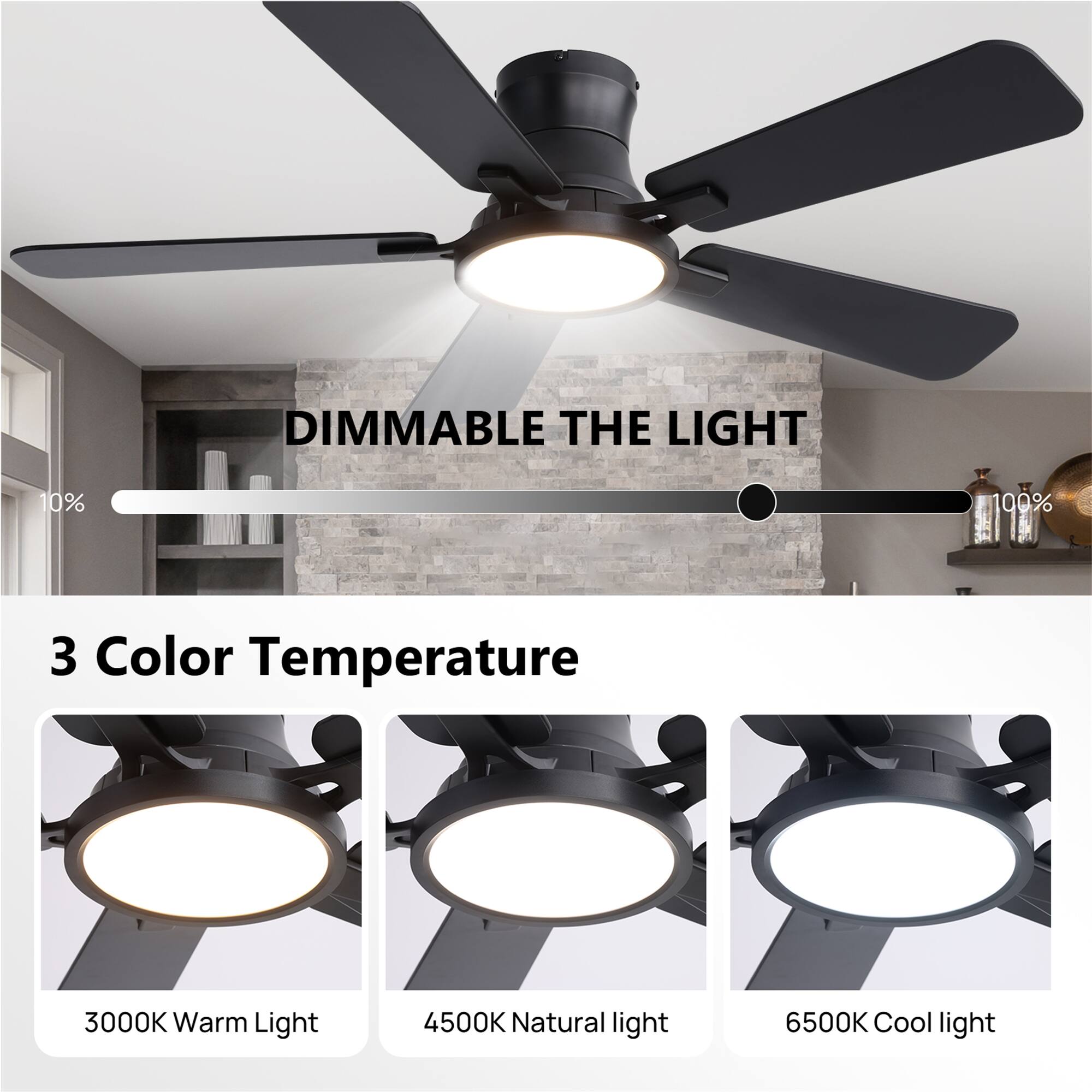 DIMMABLE THE LIGHT 10% 100%  
3 Color Temperature  
3000K Warm Light  
4500K Natural Light  
6500K Cool Light