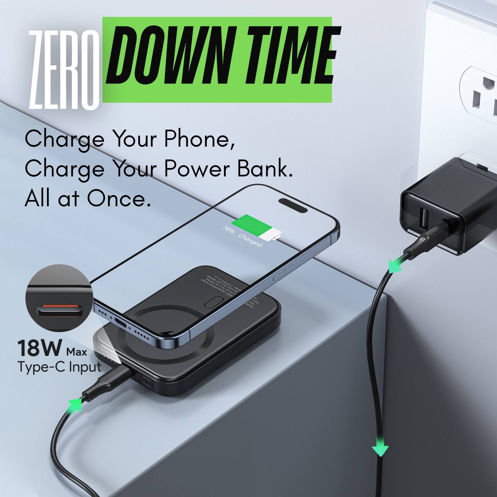 ZERO DOWN TIME

Charge Your Phone, Charge Your Power Bank. All at Once.

18W Max Type-C Input