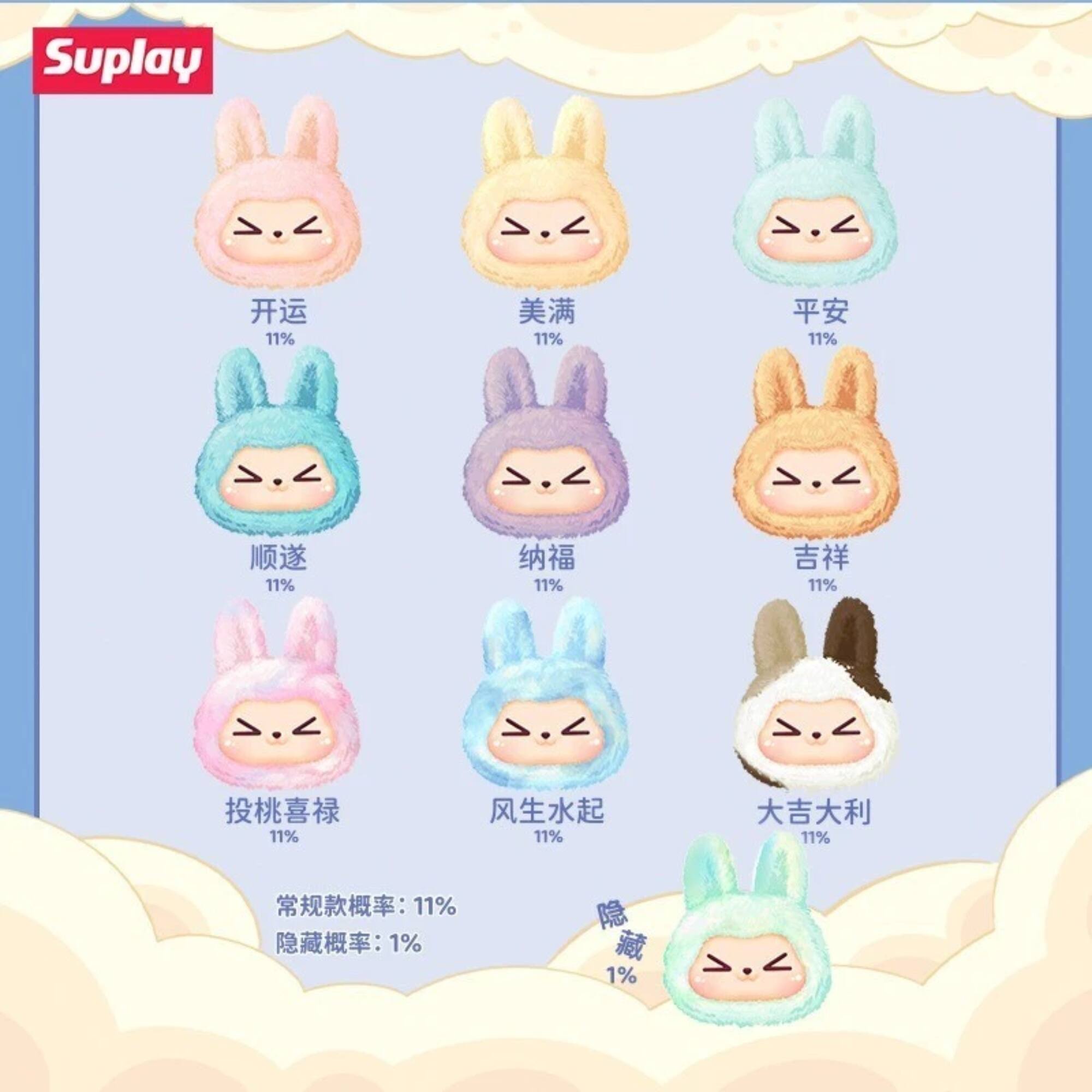 Suplay

开运 11%
美满 11%
平安 11%
顺遂 11%
纳福 11%
吉祥 11%
投桃喜禄 11%
风生水起 11%
大吉大利 11%

常规款概率：11%
隐藏概率：1%