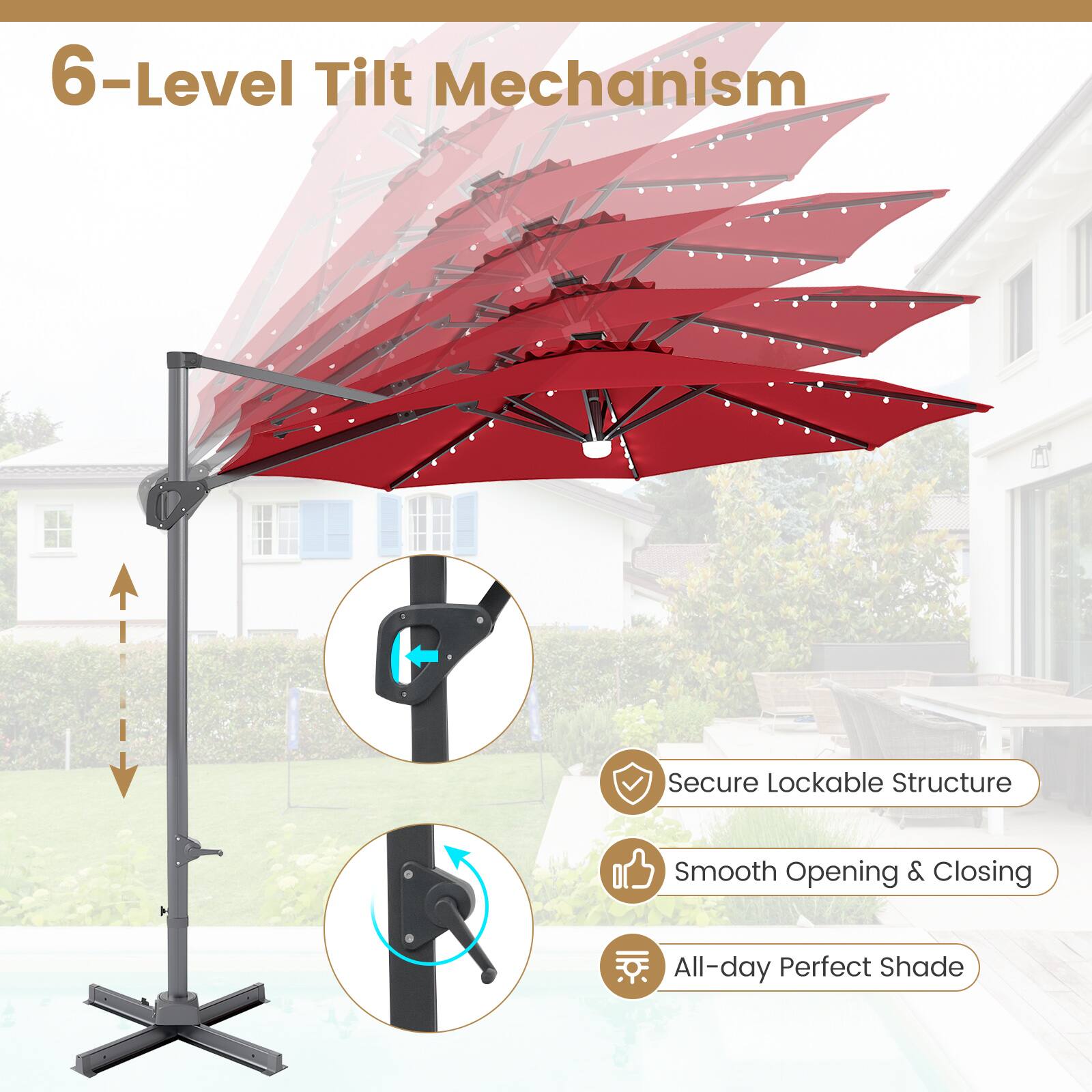 6-Level Tilt Mechanism  
Secure Lockable Structure  
Smooth Opening & Closing  
All-day Perfect Shade