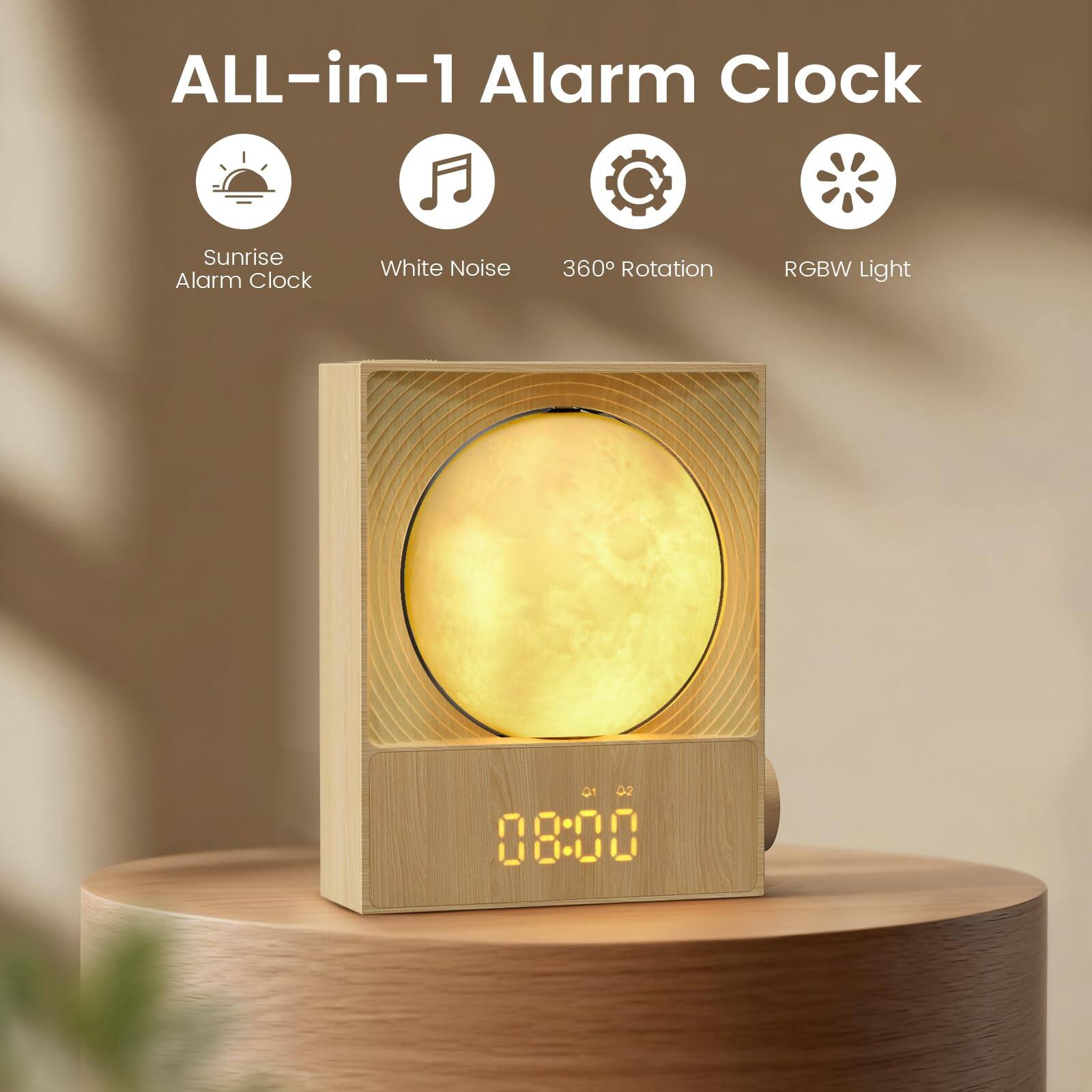 ALL-in-1 Alarm Clock

- Sunrise Alarm Clock
- White Noise
- 360° Rotation
- RGBW Light

08:00