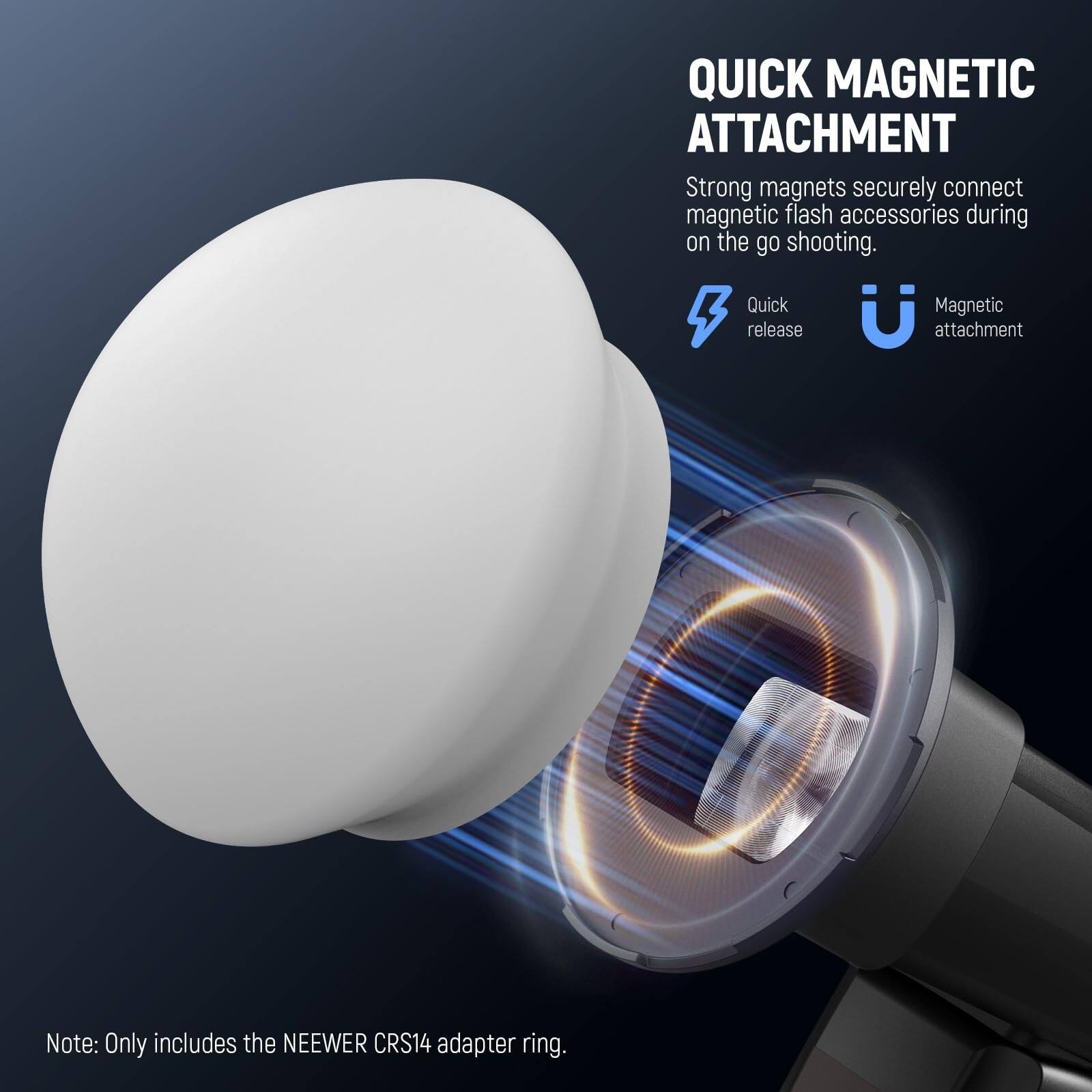 QUICK MAGNETIC ATTACHMENT  
Strong magnets securely connect magnetic flash accessories during on-the-go shooting.  
Quick Magnetic release U attachment  

Note: Only includes the NEEWER CRS14 adapter ring.