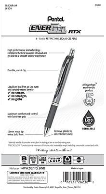Sure, here is the corrected and grouped text from the image:

---

**Pentel ENERGEL RTX**

**5 - 1 MM RETRACTABLE LIQUID GEL PEN**

- High performance ink technology combines the best qualities of liquid and gel ink for a smooth writing experience.
- Durable, metal clip.
- Liquid gel ink writes to the end even for left-handed writers love it. No smears, no smudges, no globs.
- Maximum comfort and control with latex-free grip.
- 1.0 mm metal tip writes bold lines.
- Remove plastic tip cover before using.

**A Recyclable** eco-friendly product.

**LR10** REFILLABLE

**Writing starts with us!**

- B
- S
- C
- G
- R
- I
- P

**Visit us at www.pentel.com**

**LIMITED LIFETIME WARRANTY**

**Made in Japan**

**0 72512 26238 2**

---

This text is organized to reflect the information provided on the packaging.