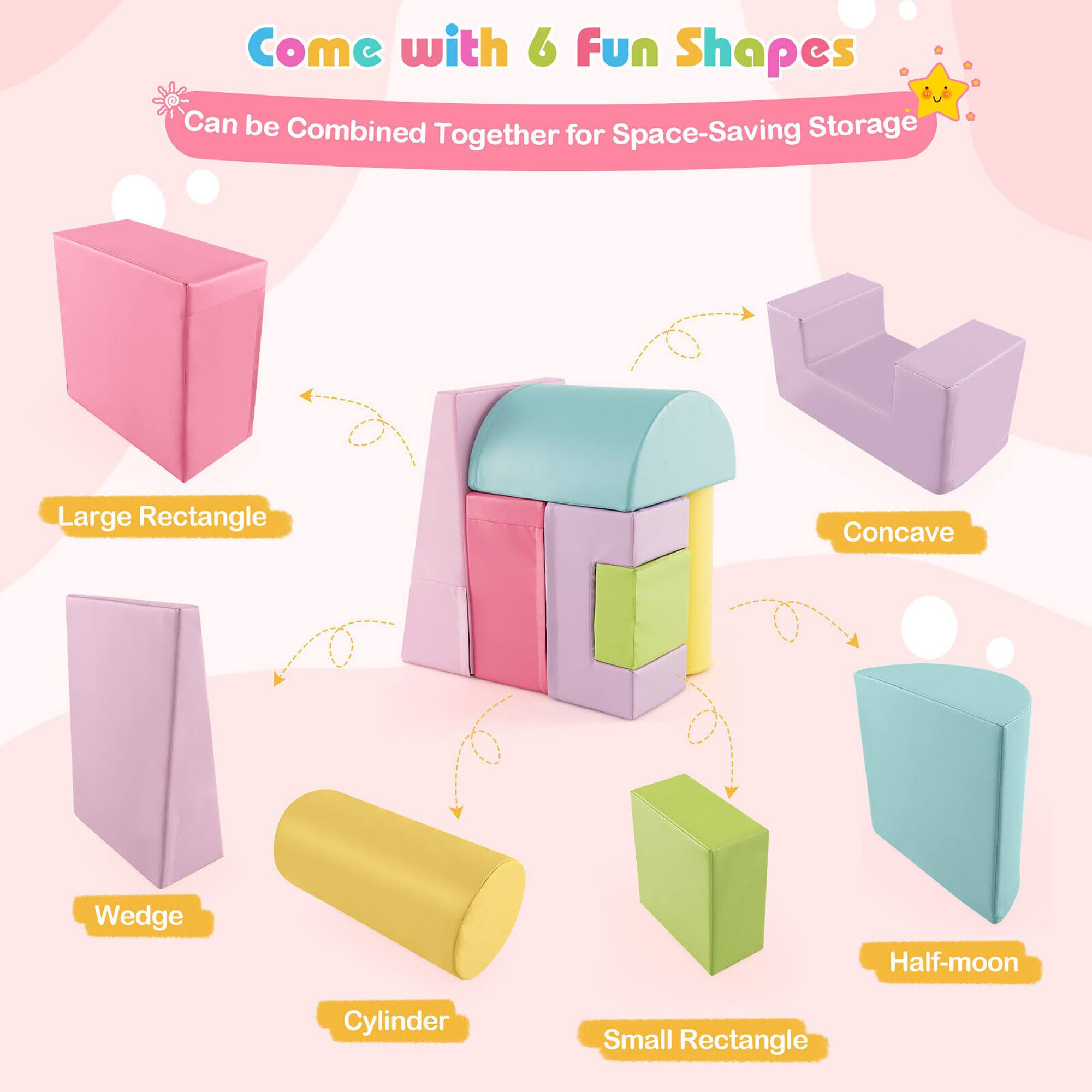 Come with 6 Fun Shapes  
Can be Combined Together for Space-Saving Storage  

- Large Rectangle  
- Concave  
- Wedge  
- Half-moon  
- Cylinder  
- Small Rectangle