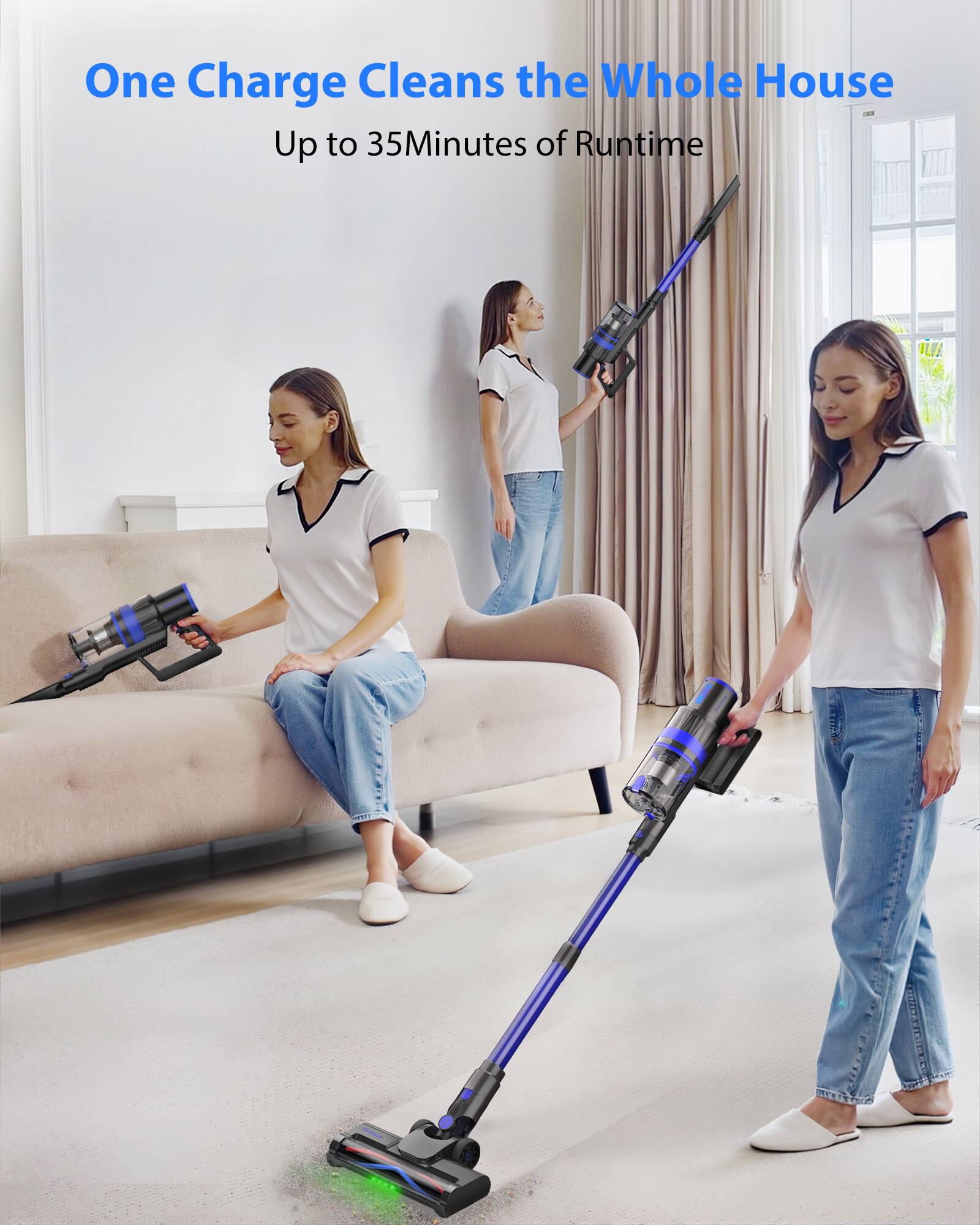 One Charge Cleans the Whole House  
Up to 35 Minutes of Runtime