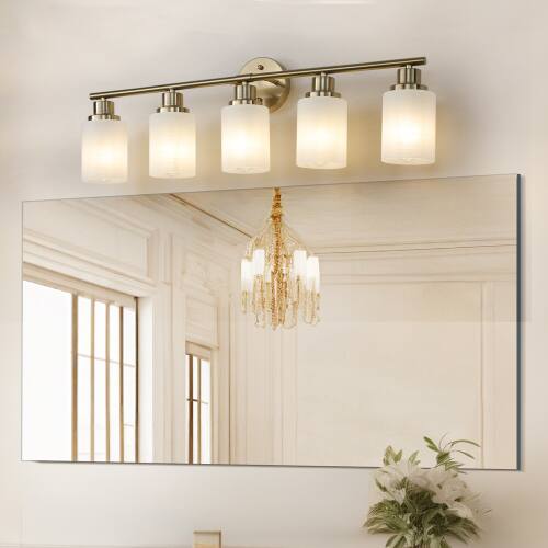 Angle. LUCKY ONE - 31in Wall Mount Vanity Light, 5-Light Gold Sconce with Frosted Glass Shades for Bathroom - Coppery.
