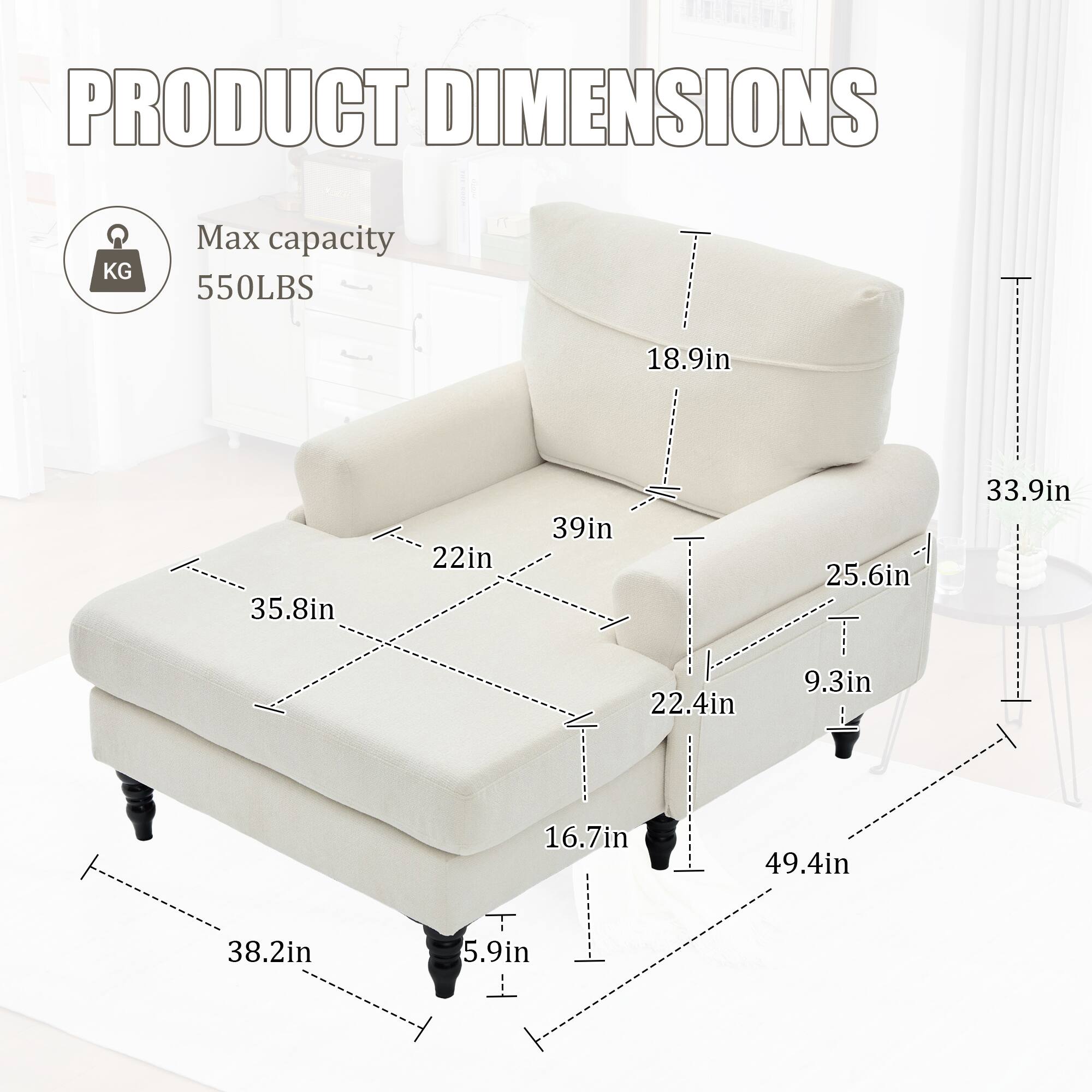 PRODUCT DIMENSIONS

Max capacity 550LBS

- Width: 35.8in
- Depth: 39in
- Height: 33.9in
- Seat Height: 16.7in
- Armrest Height: 18.9in
- Back Height: 33.9in
- Seat Depth: 22in
- Armrest Width: 22.4in
- Overall Height: 49.4in
- Overall Width: 38.2in
- Overall Depth: 25.6in
- Leg Height: 5.9in