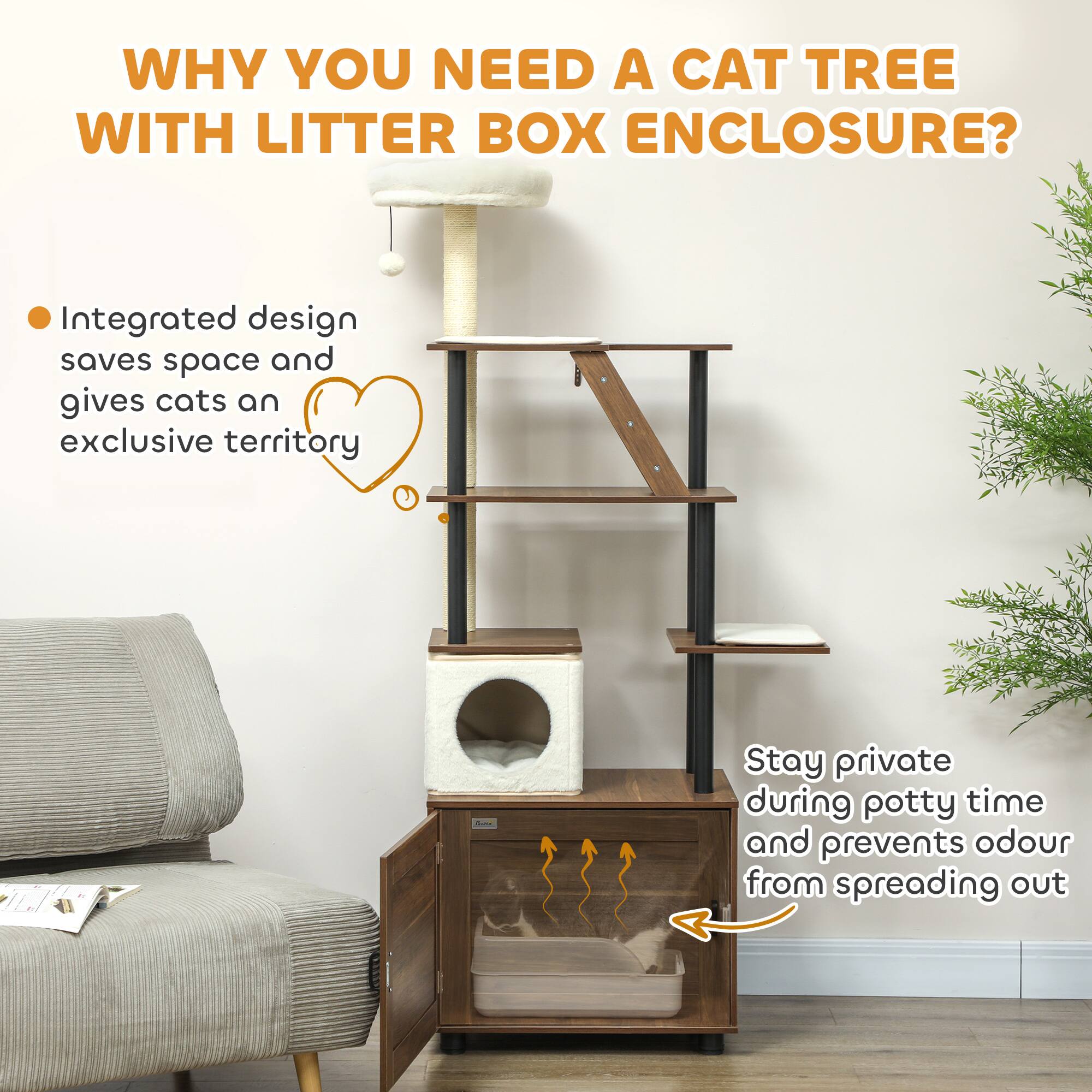 WHY YOU NEED A CAT TREE WITH LITTER BOX ENCLOSURE?

- Integrated design saves space and gives cats an exclusive territory

Stay private during potty time and prevents odour from spreading out