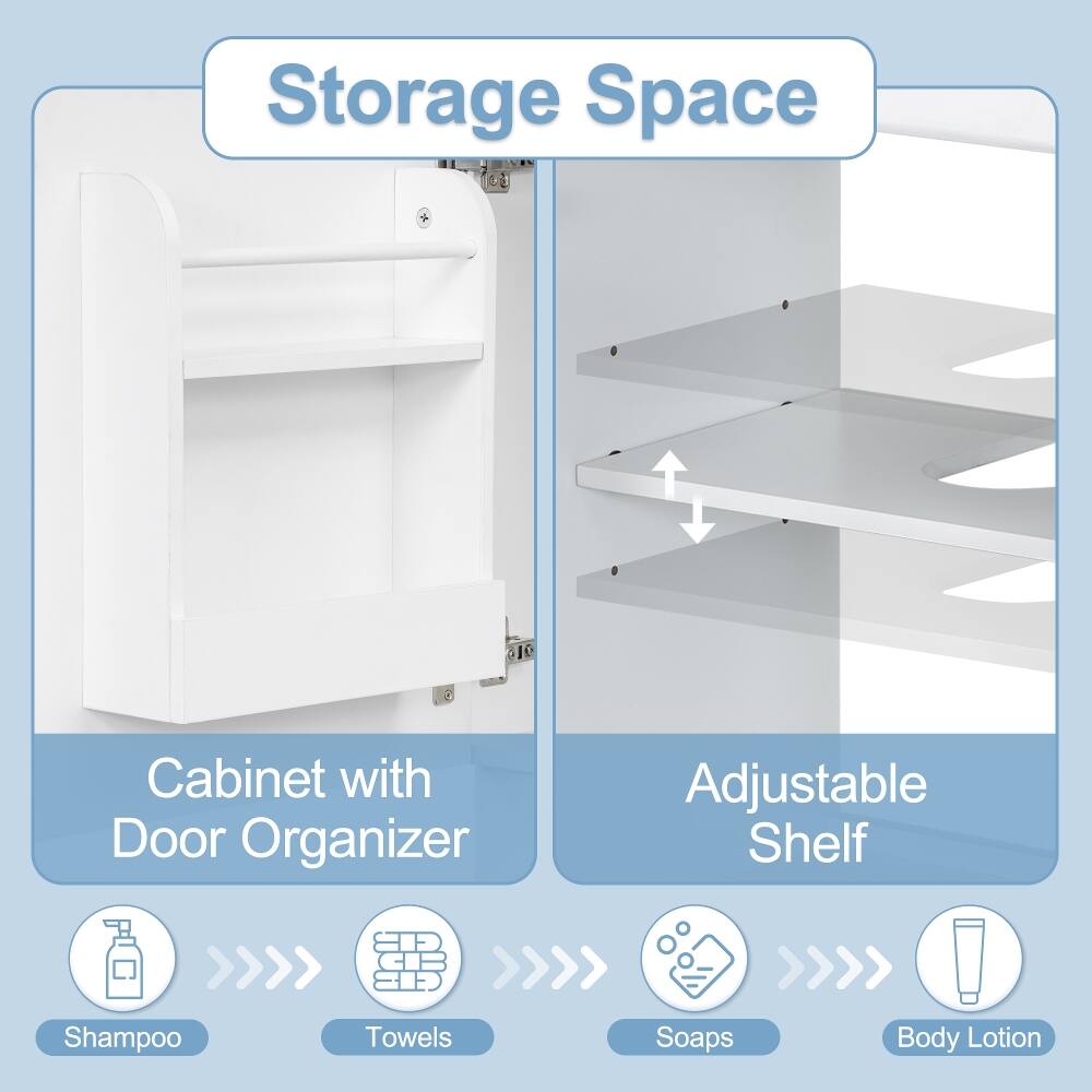 Storage Space

Cabinet with Door Organizer

Adjustable Shelf

Shampoo

Towels

Soaps

Body Lotion