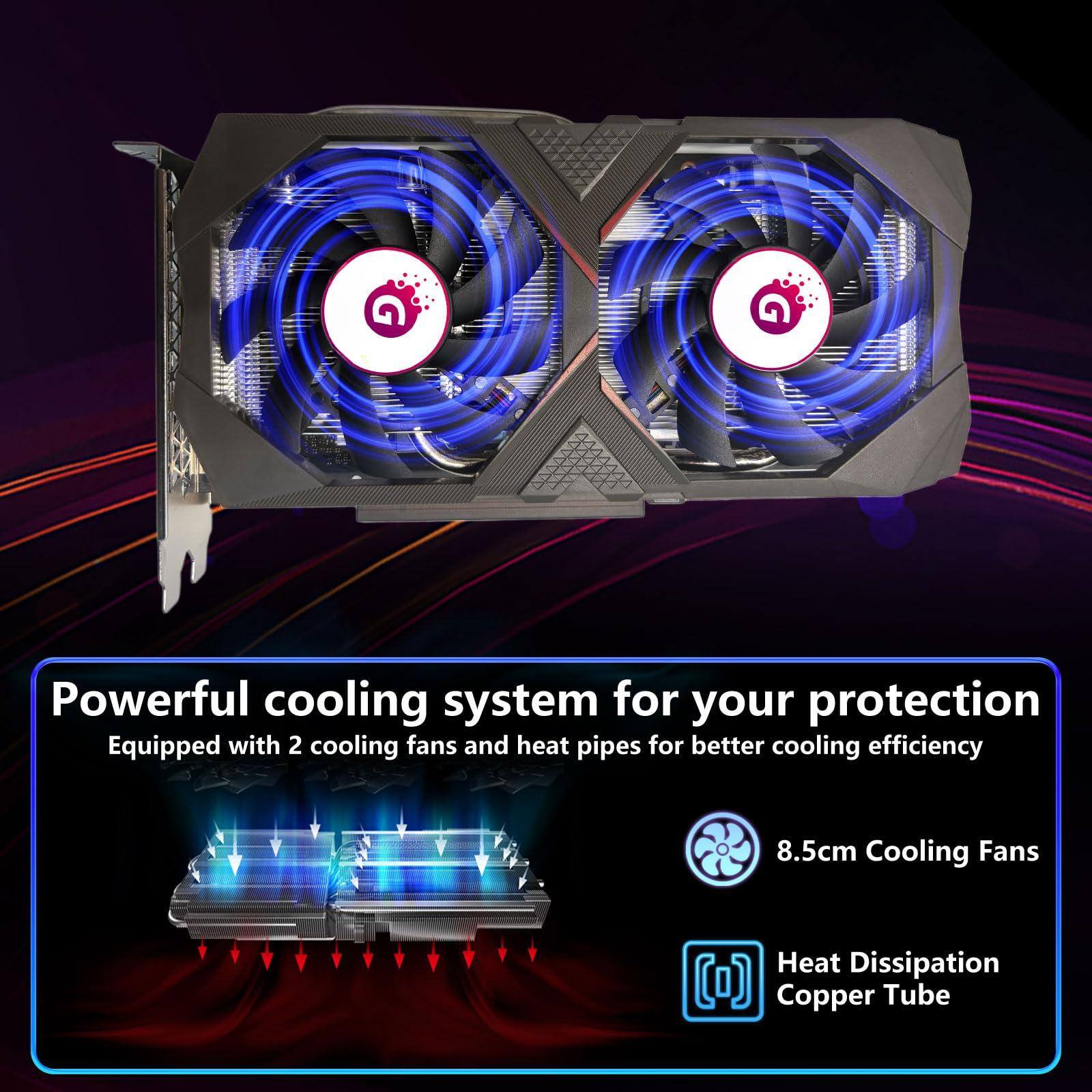 Powerful cooling system for your protection  
Equipped with 2 cooling fans and heat pipes for better cooling efficiency  
8.5cm Cooling Fans  
Heat Dissipation Copper Tube