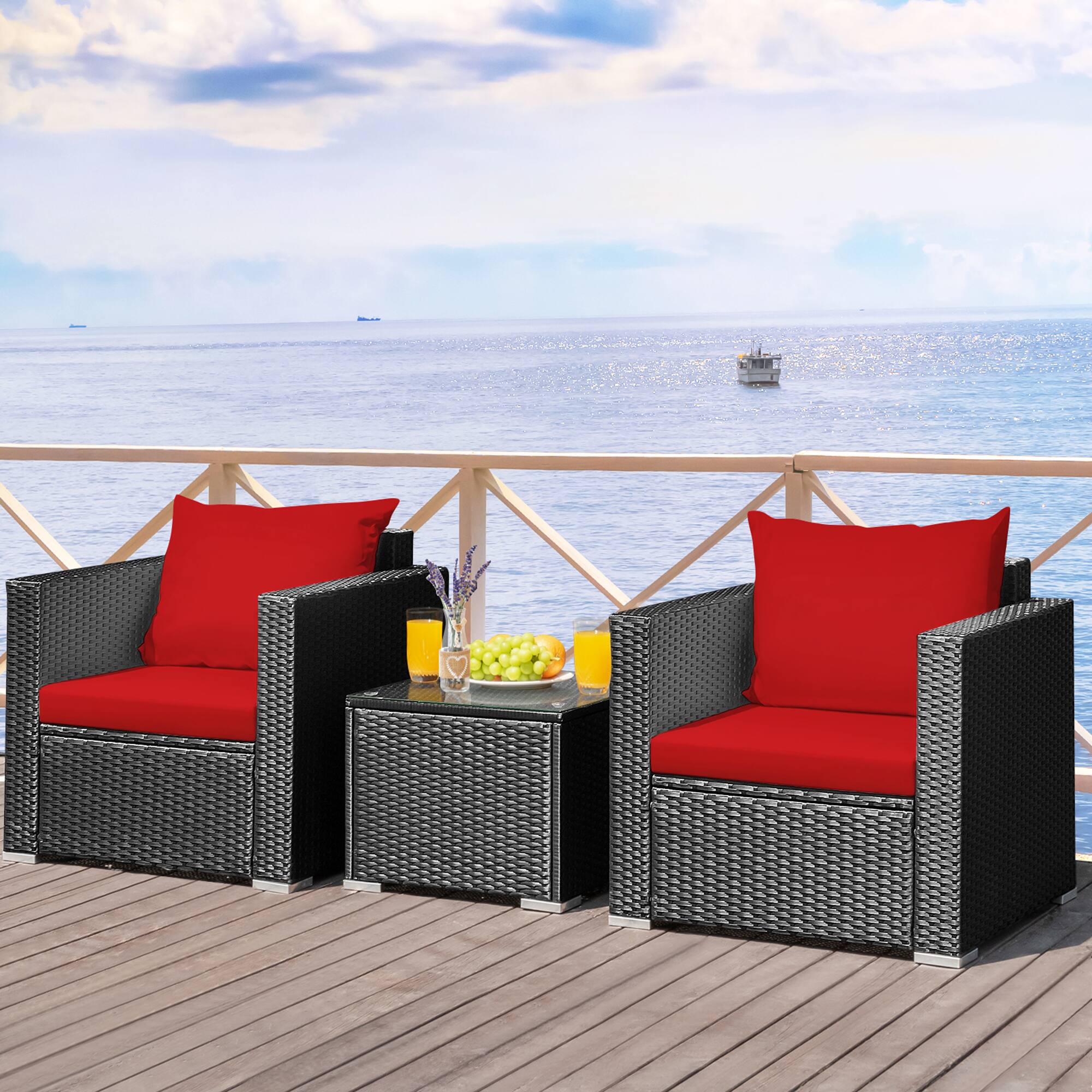Alt View 3. Gymax - Gymax 3PCS Rattan Patio Conversation Furniture Set Outdoor w/ Red Cushions - Black.