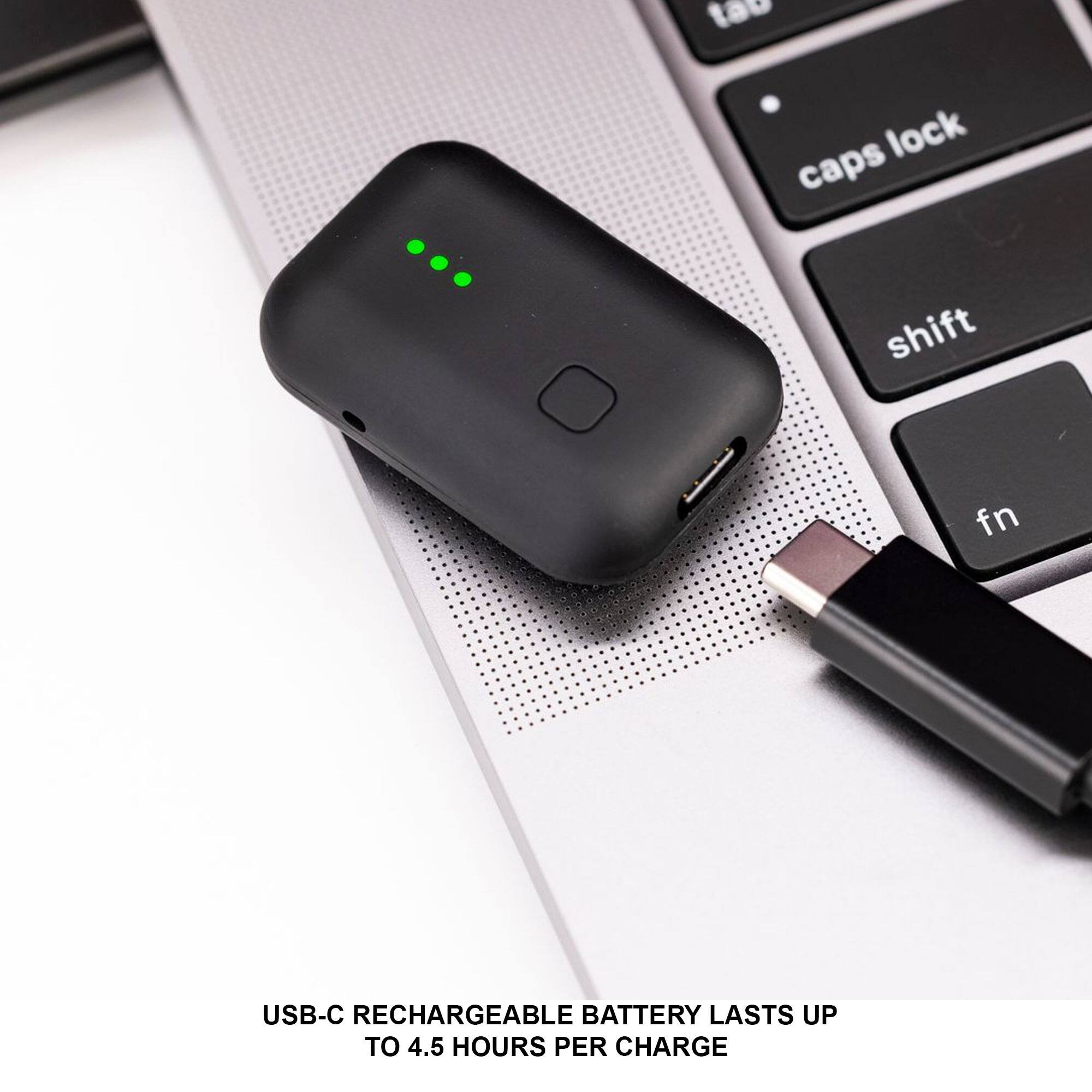 USB-C rechargeable battery lasts up to 4.5 hours per charge