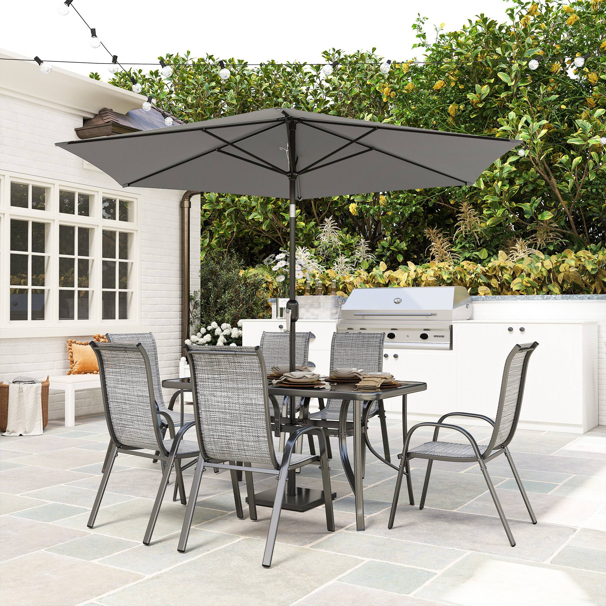 Alt View 8. Outsunny - Pieces Patio Furniture Set with 9Ft Patio Umbrella, Outdoor Dining Table and Chairs - Mixed Gray.