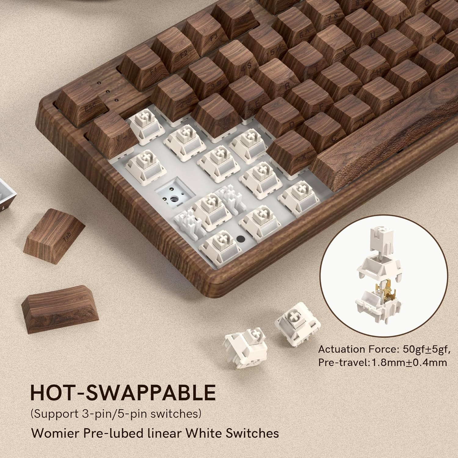 Womier Retro Wired TKL Mechanical Keyboard with Volume Wheel, Wood