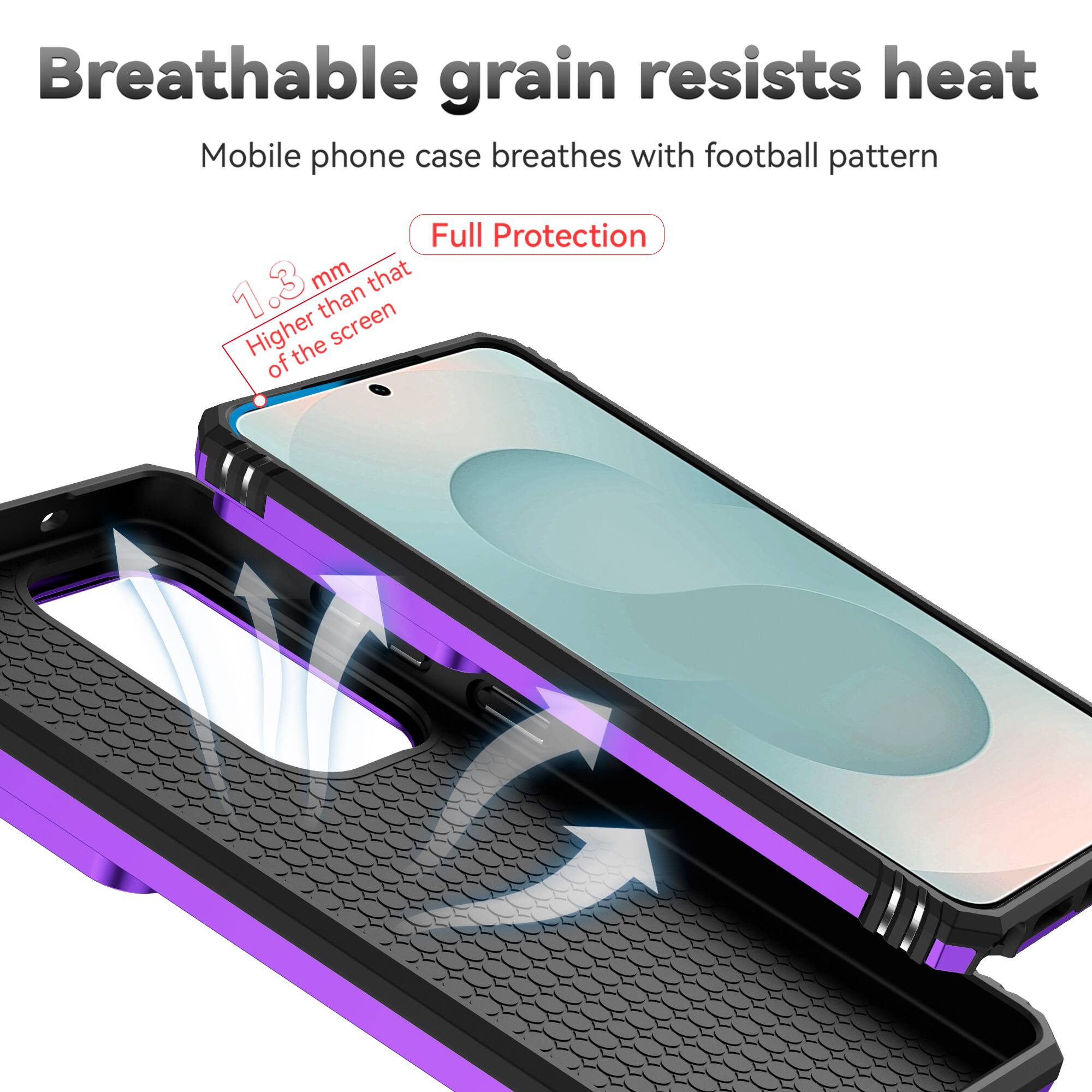Breathable grain resists heat  
Mobile phone case breathes with football pattern  
Full Protection  
1.3 mm Higher than that of the screen