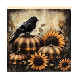 BreeBe - Crow With Plaid Pumpkins & Sunflowers Block - 6" Sq - Black, Orange