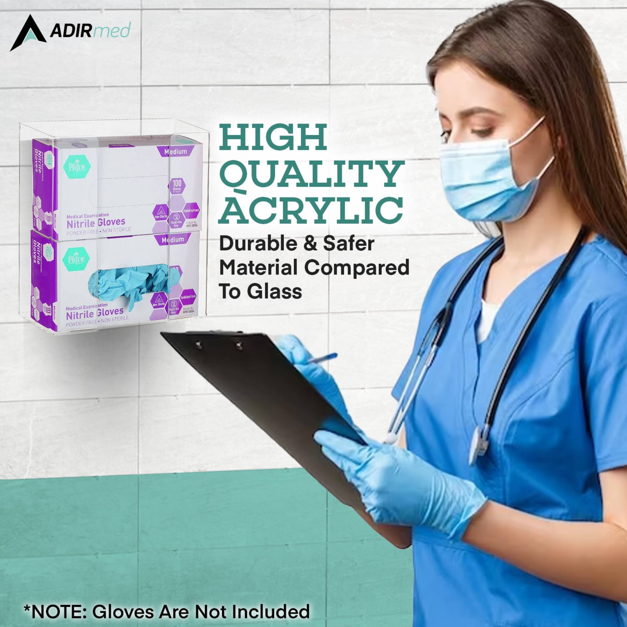 ADIRmed 1 PRSdO  Ade 1 Mindical Examiuation Nitrile Gloves RE NOS STERL POAEER BDE elcal Extrivigion Nitrile Gloves NON SERLE FORDER A1 HIGH K edium 100 QUALITY  ioo   ACRYLIC -- M dium Durable & Safer Material Compared To Glass *NOTE: Gloves Are Not Included