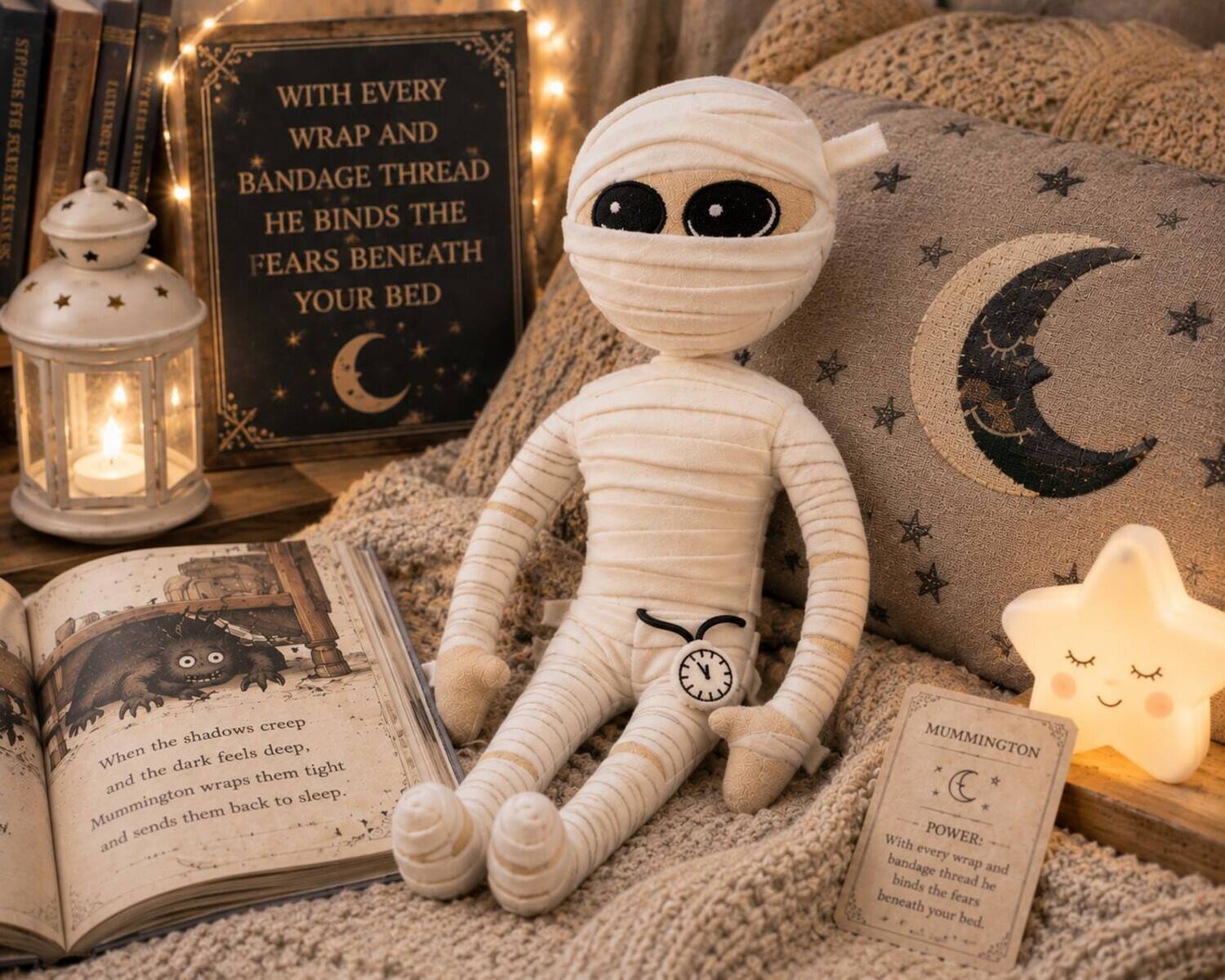 WITH EVERY WRAP AND BANDAGE THREAD HE BINDS THE FEARS BENEATH YOUR BED

shadows creep the deep, When dark feels the them tight and wraps back to sleep. Mummington sends them and MUMMINGTON With POWER: every wrap bandage thread and binds the be beneath fears your bed.