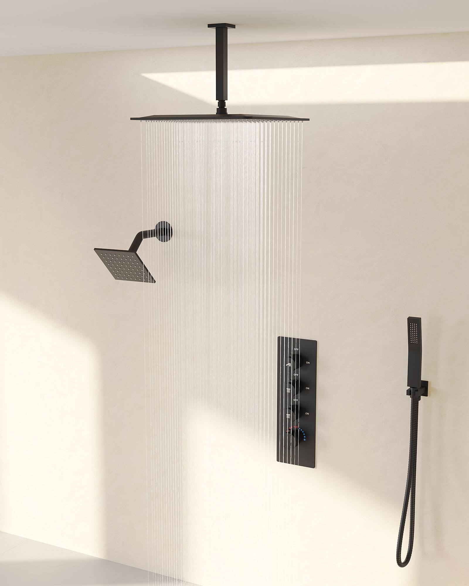 Alt View 8. GRANDJOY - Modern Thermostatic Anti-Scald Shower Faucet Set with Multi-Function Head & Flexible Hose - Matte Black.