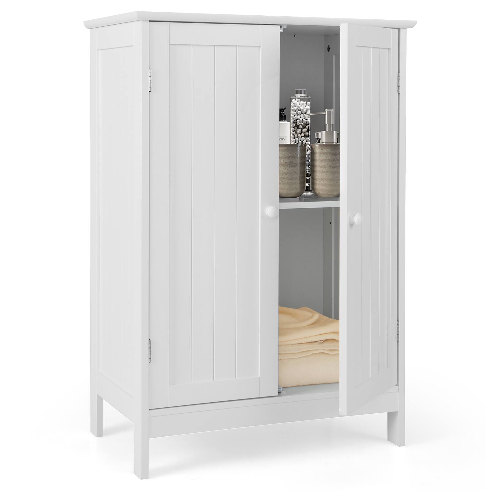Costway - Bathroom Floor Storage Cabinet Double Door Kitchen Cupboard Shoe Cabinet - White