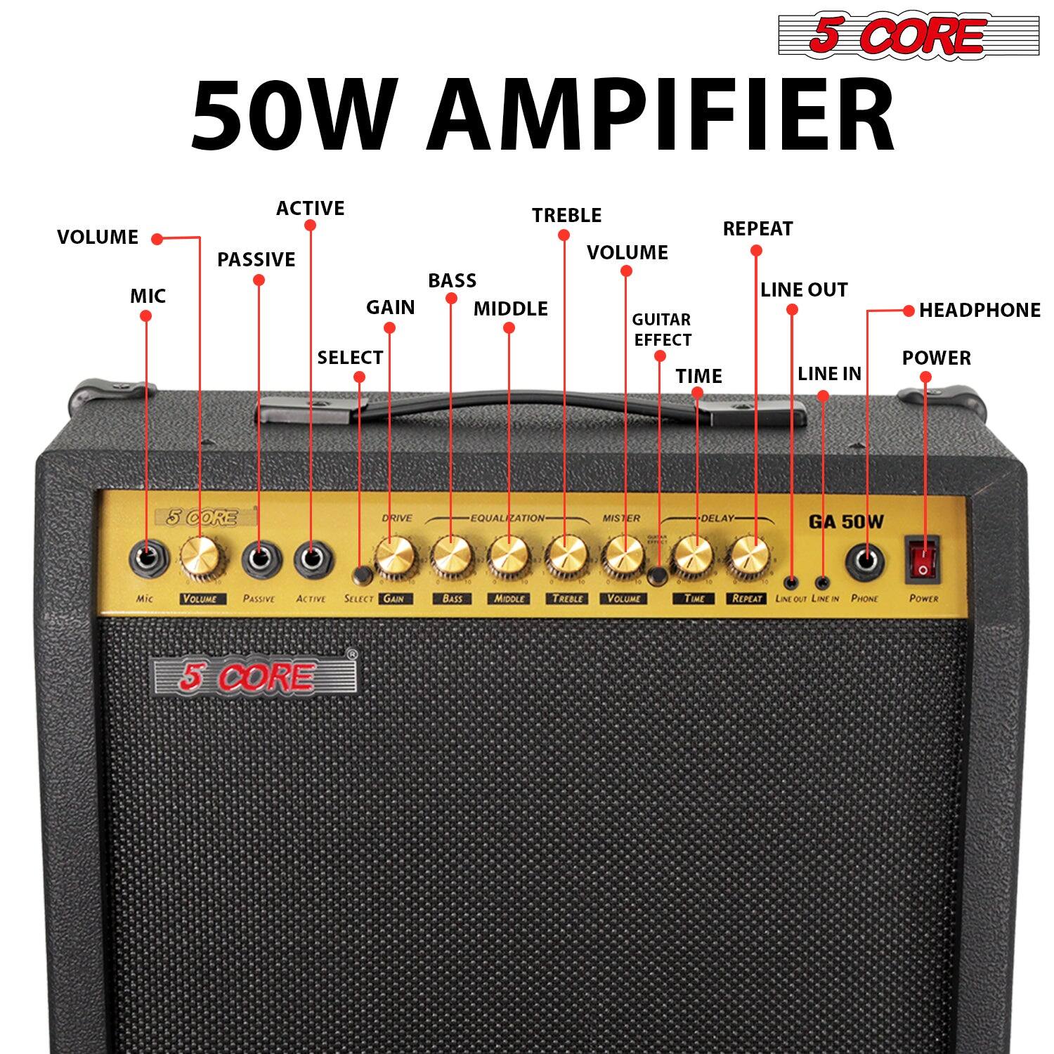 50W AMPLIFIER

- VOLUME
- MIC
- PASSIVE
- ACTIVE
- SELECT
- GAIN
- BASS
- MIDDLE
- TREBLE
- VOLUME
- REPEAT
- GUITAR EFFECT
- TIME
- LINE OUT
- LINE IN
- HEADPHONE
- POWER

5 CORE

GA 50W

5 CORE