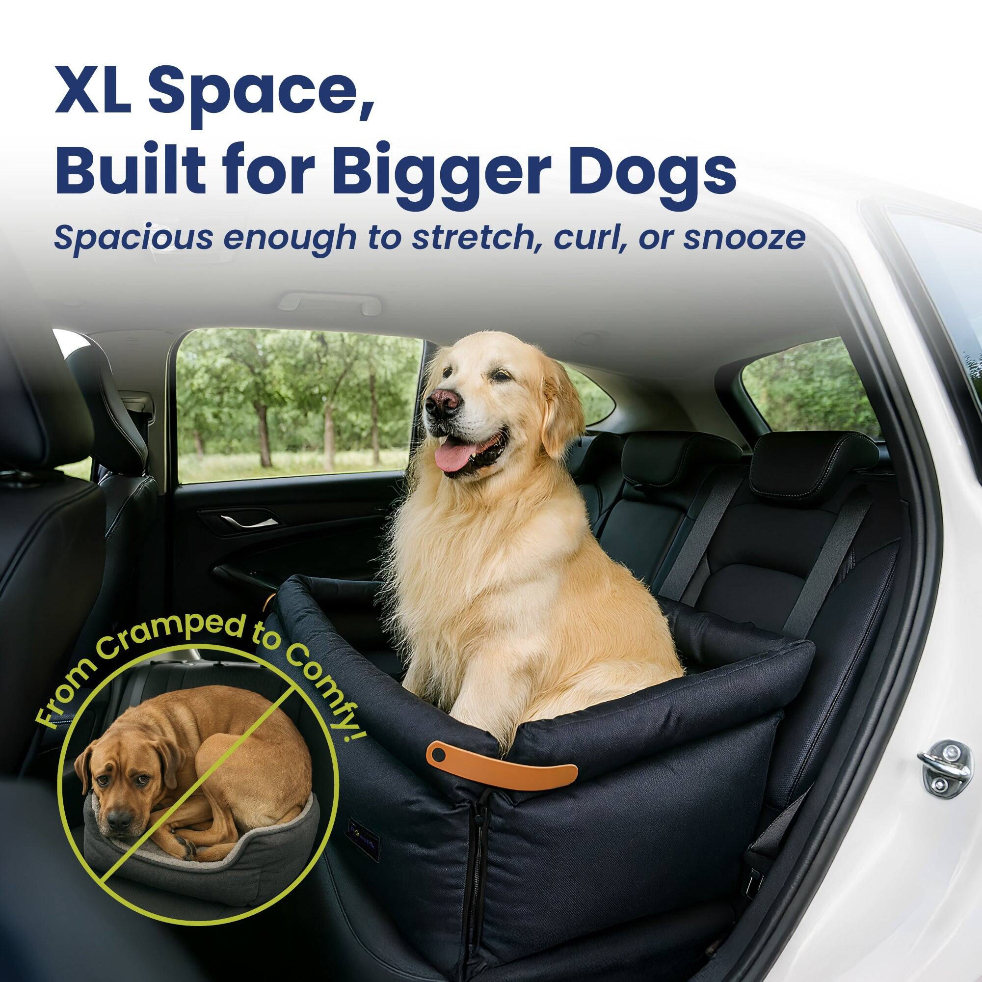 XL Space, Built for Bigger Dogs  
Spacious enough to stretch, curl, or snooze  
From Cramped to Comfy!