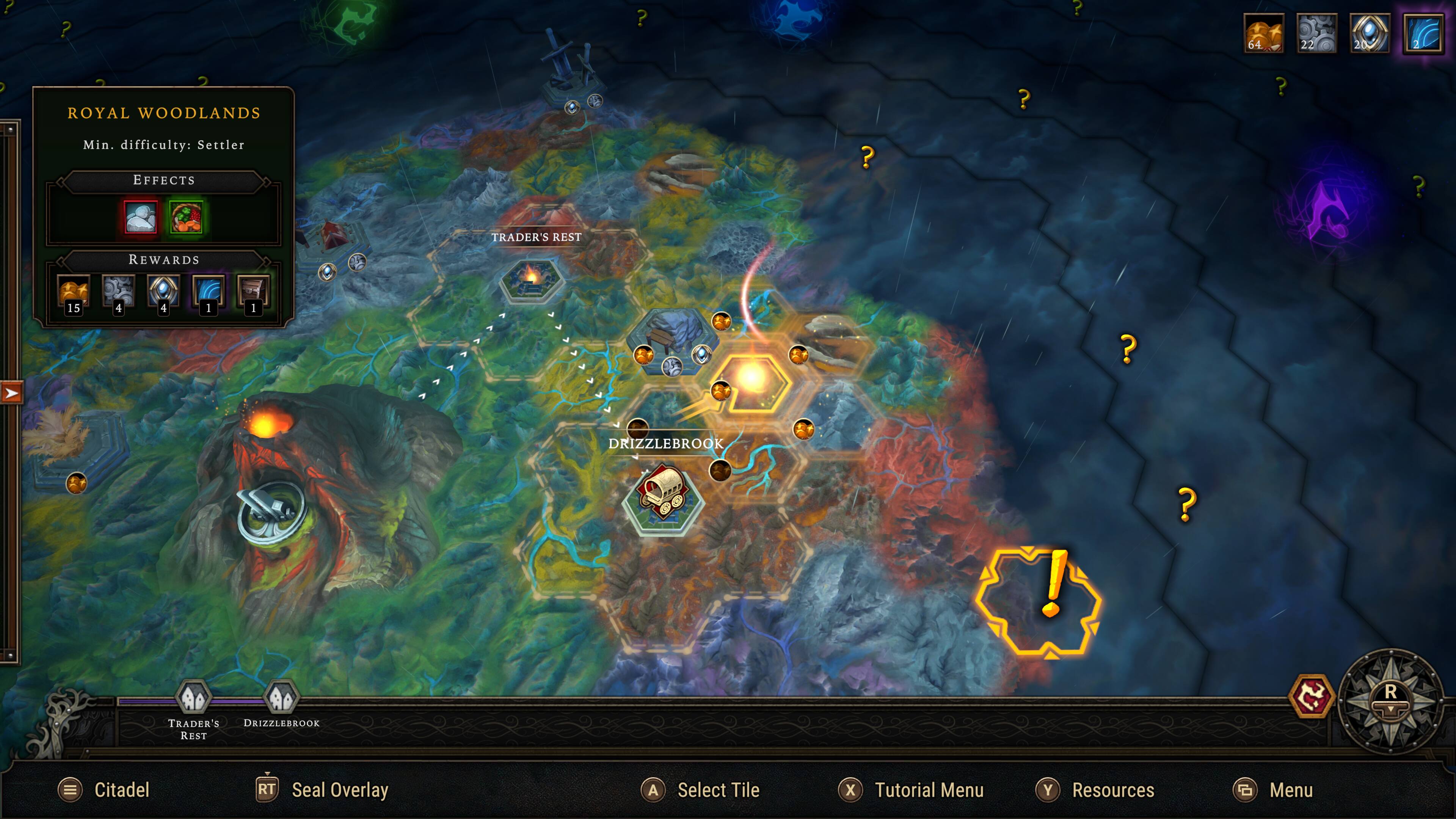 The text on the image is grouped and corrected as follows:

1. A Royal Woodlands
2. Min. difficulty: Settler
3. Effects:
   a. Trader's Rest Rewards
   b. Drizzlebrook!
4. Select Tile:
   a. Tutorial Menu
   b. Resources Menu

The image features a map of a game, possibly a fantasy game, with a Royal Woodlands area and a Trader's Rest location. The game has a minimum difficulty level of Settler, and it offers rewards and a tutorial menu. The game also features a Resources Menu for players to access.